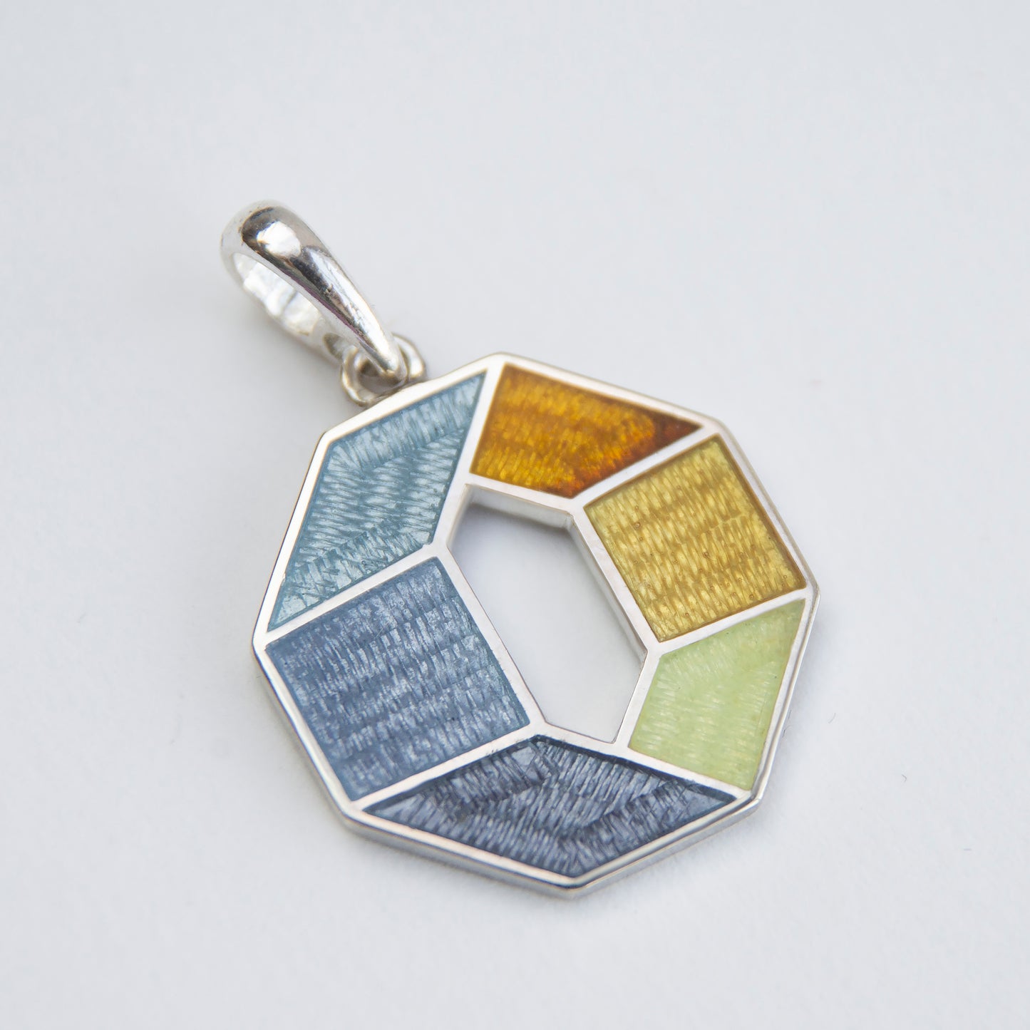 Grey Yellow Octagon Pendant, Cloisonne Enamel Sterling Silver Pendant