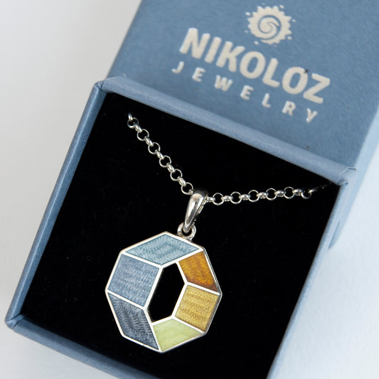 Grey Yellow Octagon Pendant, Cloisonne Enamel Sterling Silver Pendant