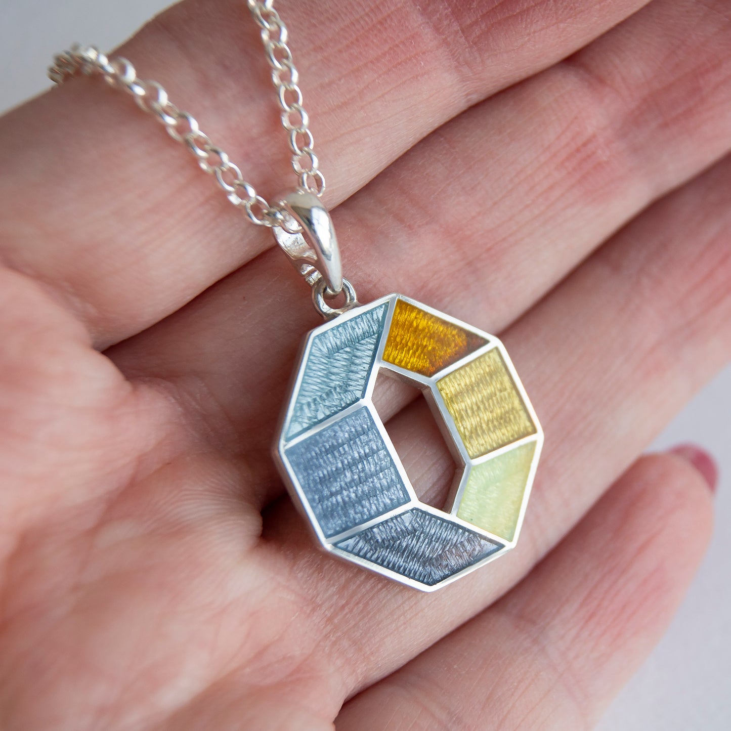 Grey Yellow Octagon Pendant, Cloisonne Enamel Sterling Silver Pendant