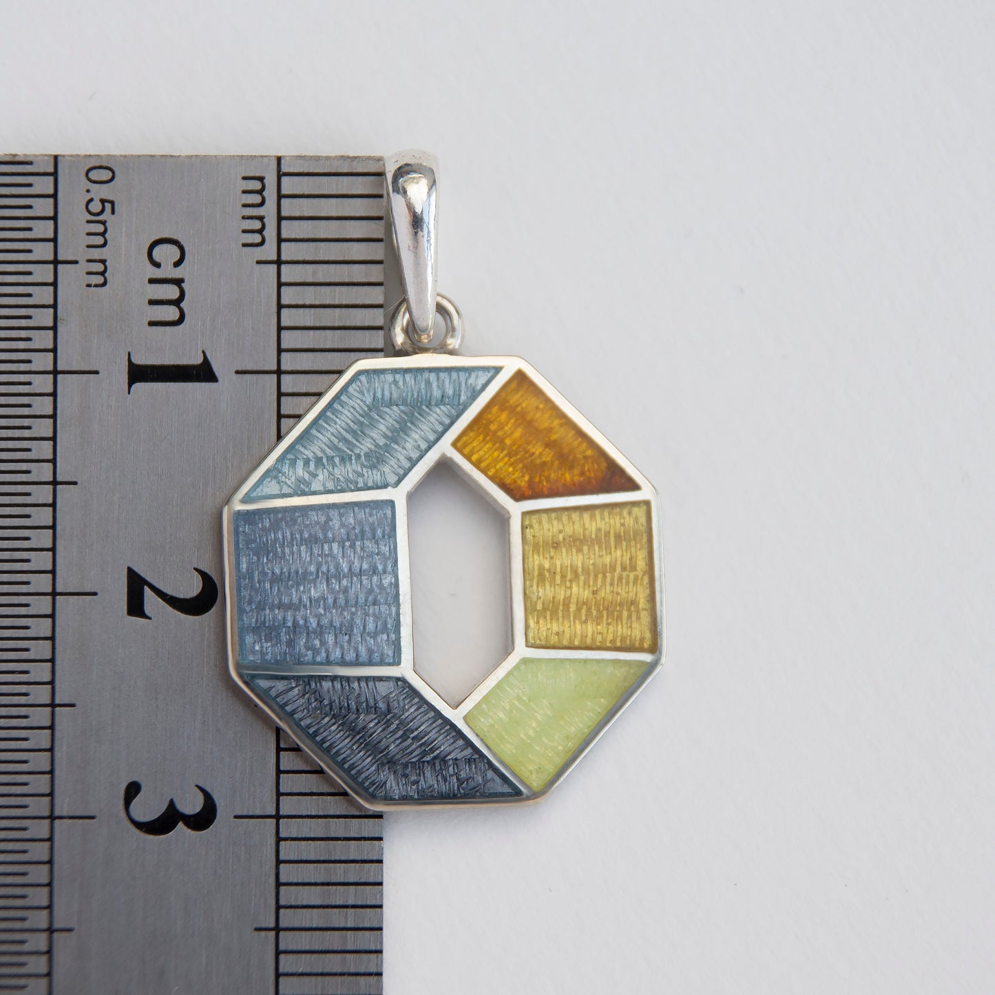 Grey Yellow Octagon Pendant, Cloisonne Enamel Sterling Silver Pendant