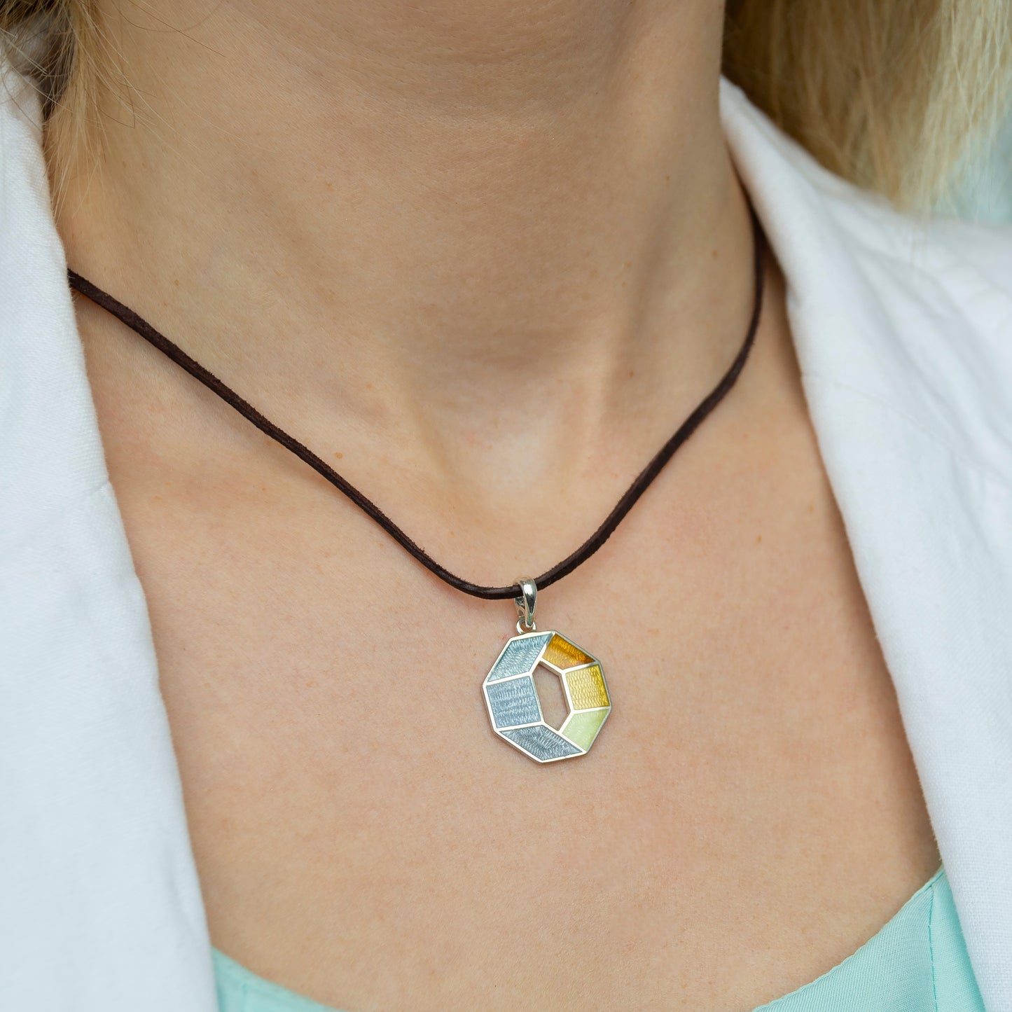 Grey Yellow Octagon Pendant, Cloisonne Enamel Sterling Silver Pendant