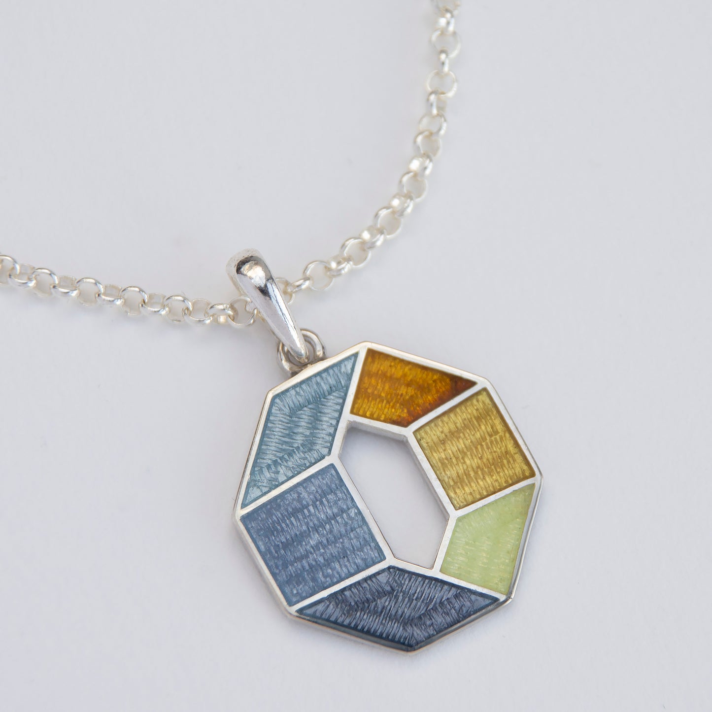 Grey Yellow Octagon Pendant, Cloisonne Enamel Sterling Silver Pendant