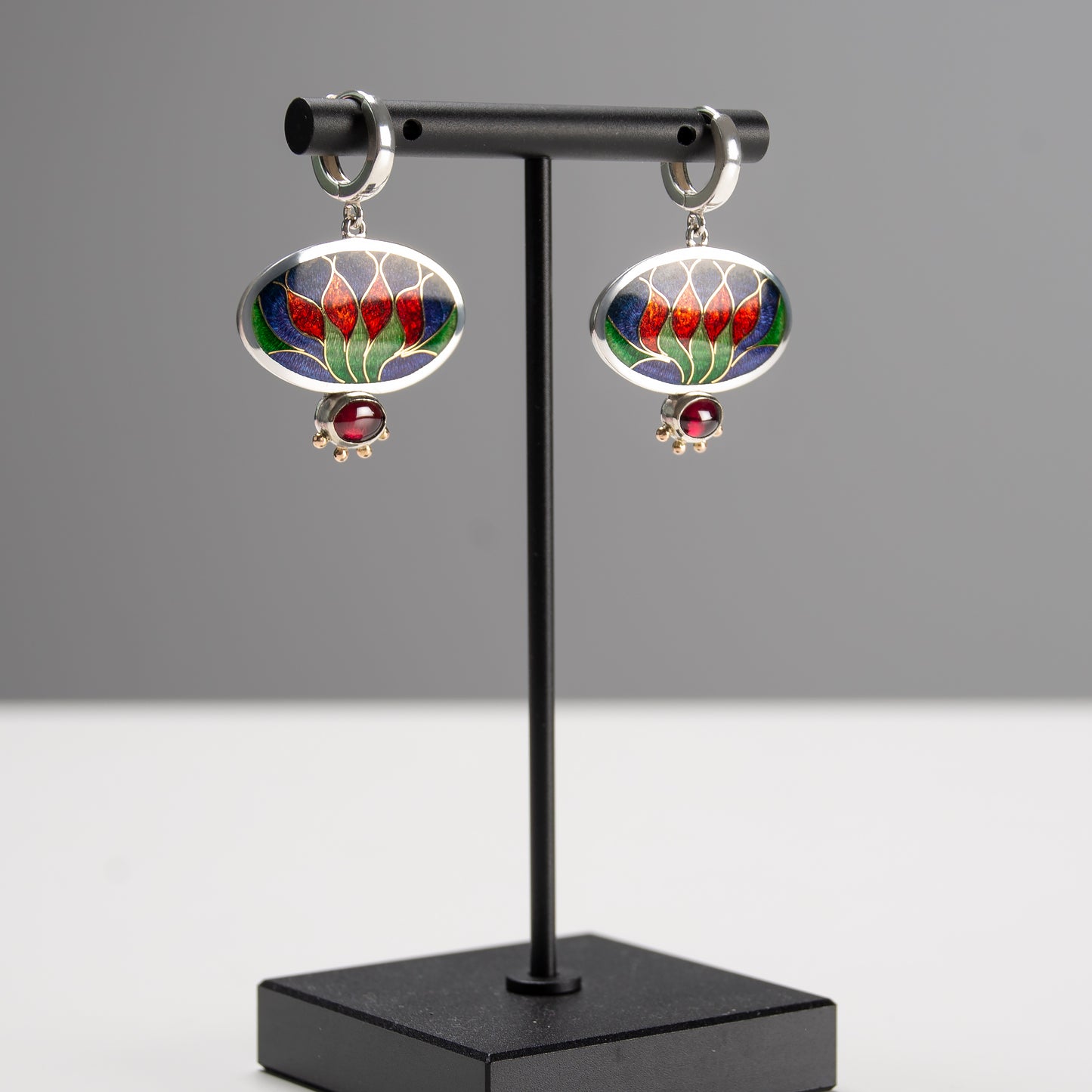 Gold Earrings Red Tulips With  Enamel And Garnet Stones