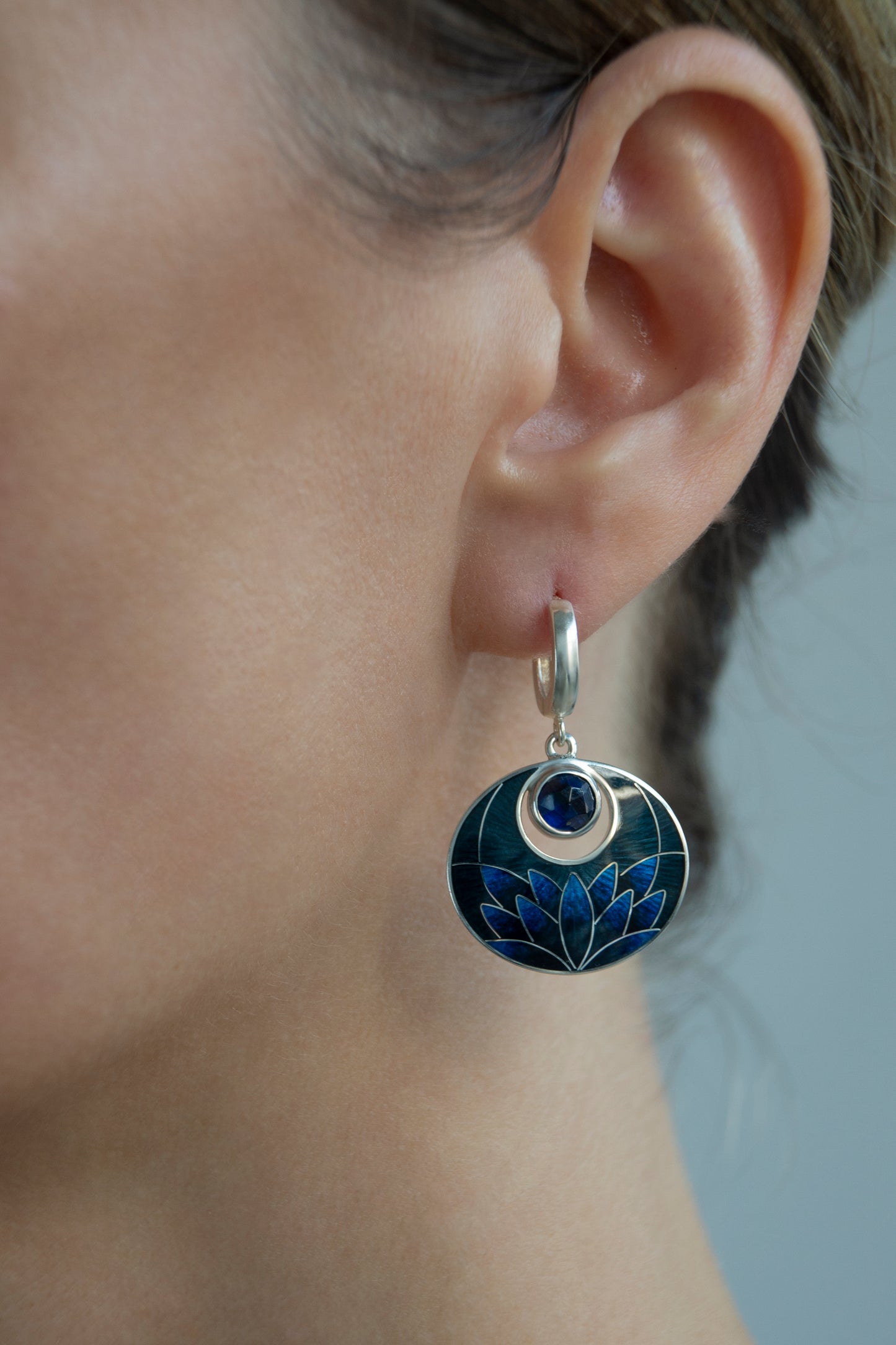 Night Lotus Cloisonné Enamel Earrings With Rose Cut Kyanite Gemstones