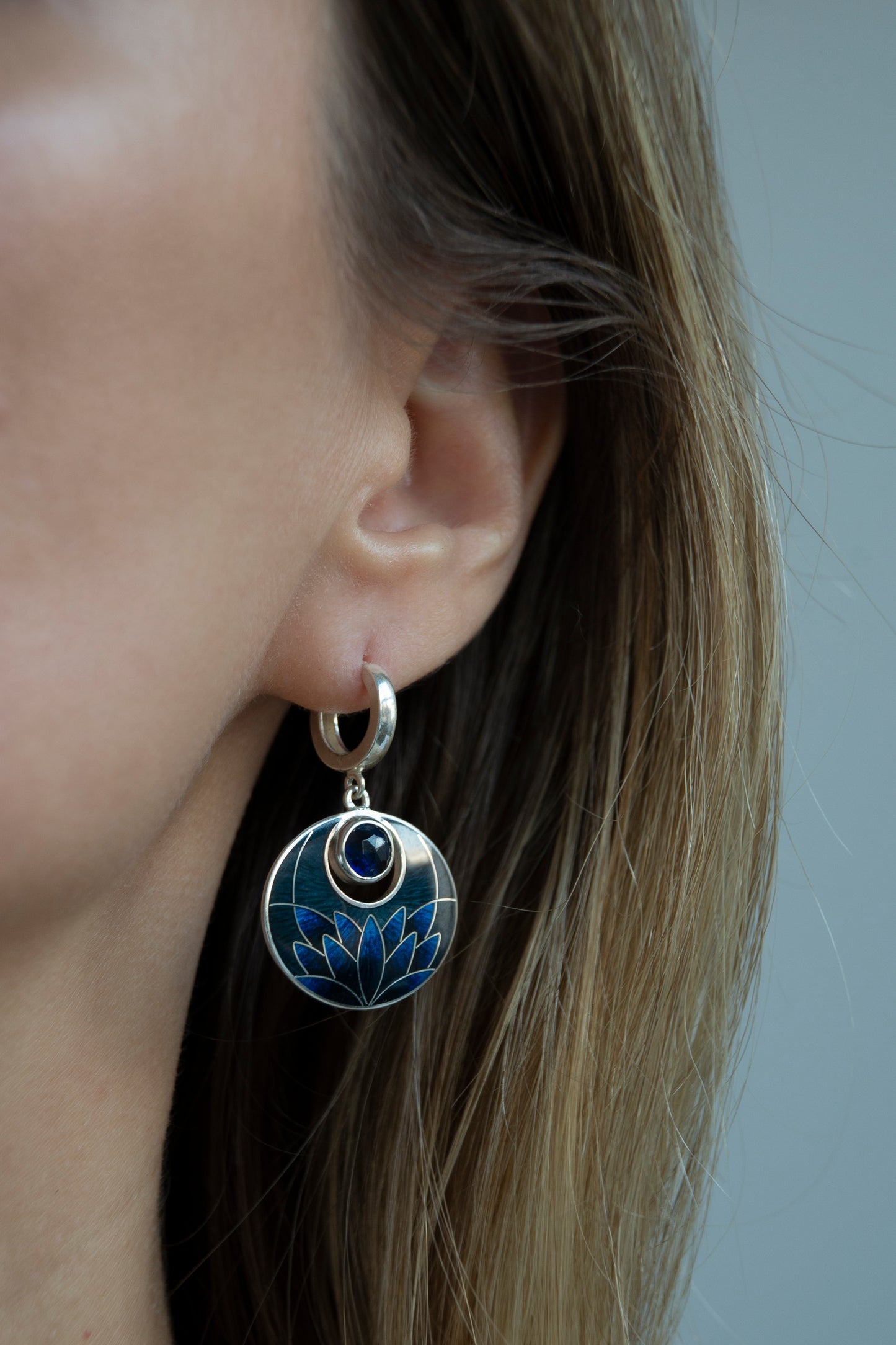 Night Lotus Cloisonné Enamel Earrings With Rose Cut Kyanite Gemstones