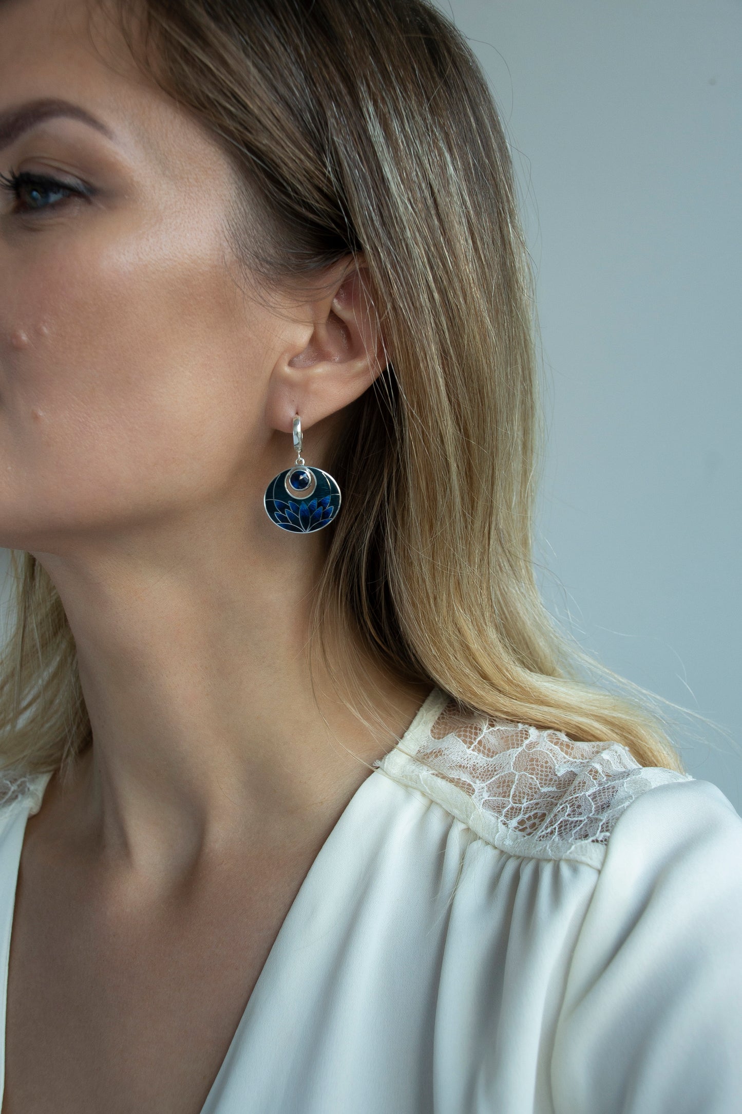 Night Lotus Cloisonné Enamel Earrings With Rose Cut Kyanite Gemstones