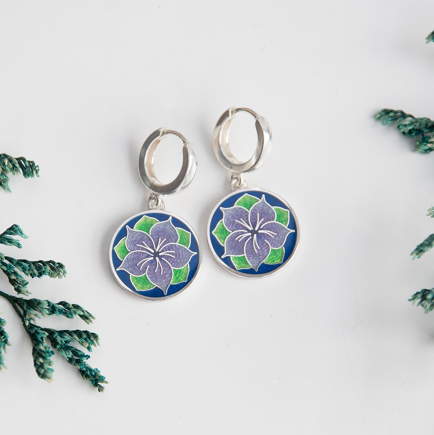 Cloisonne Enamel And Sterling Silver Earrings Astra Blue Flower