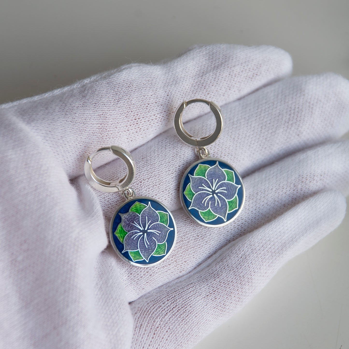 Cloisonne Enamel And Sterling Silver Earrings Astra Blue Flower