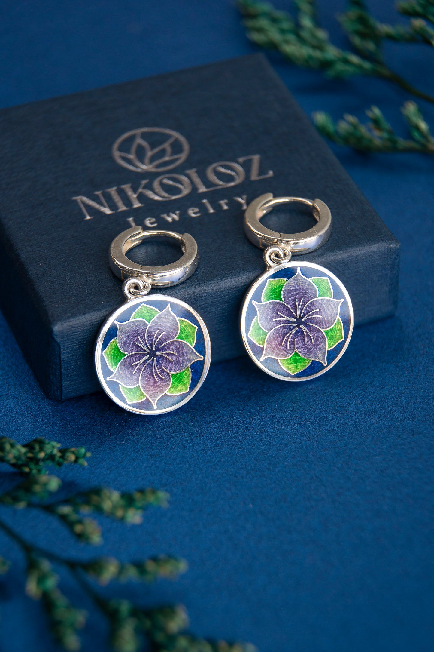 Cloisonne Enamel And Sterling Silver Earrings Astra Blue Flower