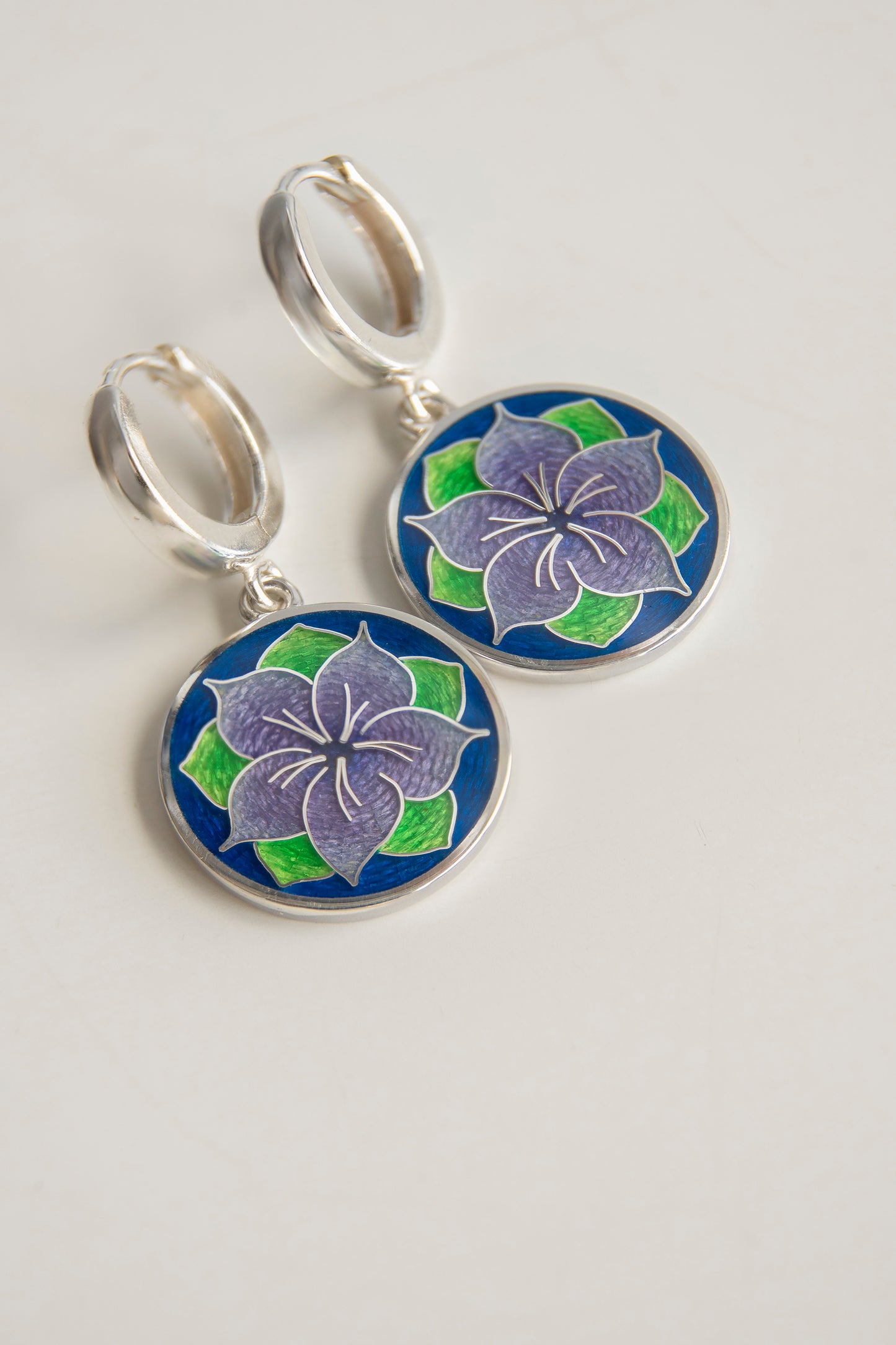 Cloisonne Enamel And Sterling Silver Earrings Astra Blue Flower