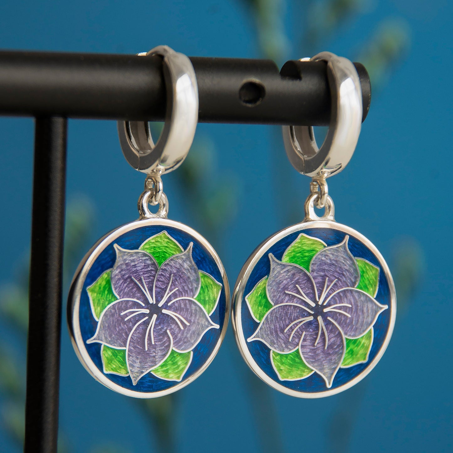 Cloisonne Enamel And Sterling Silver Earrings Astra Blue Flower