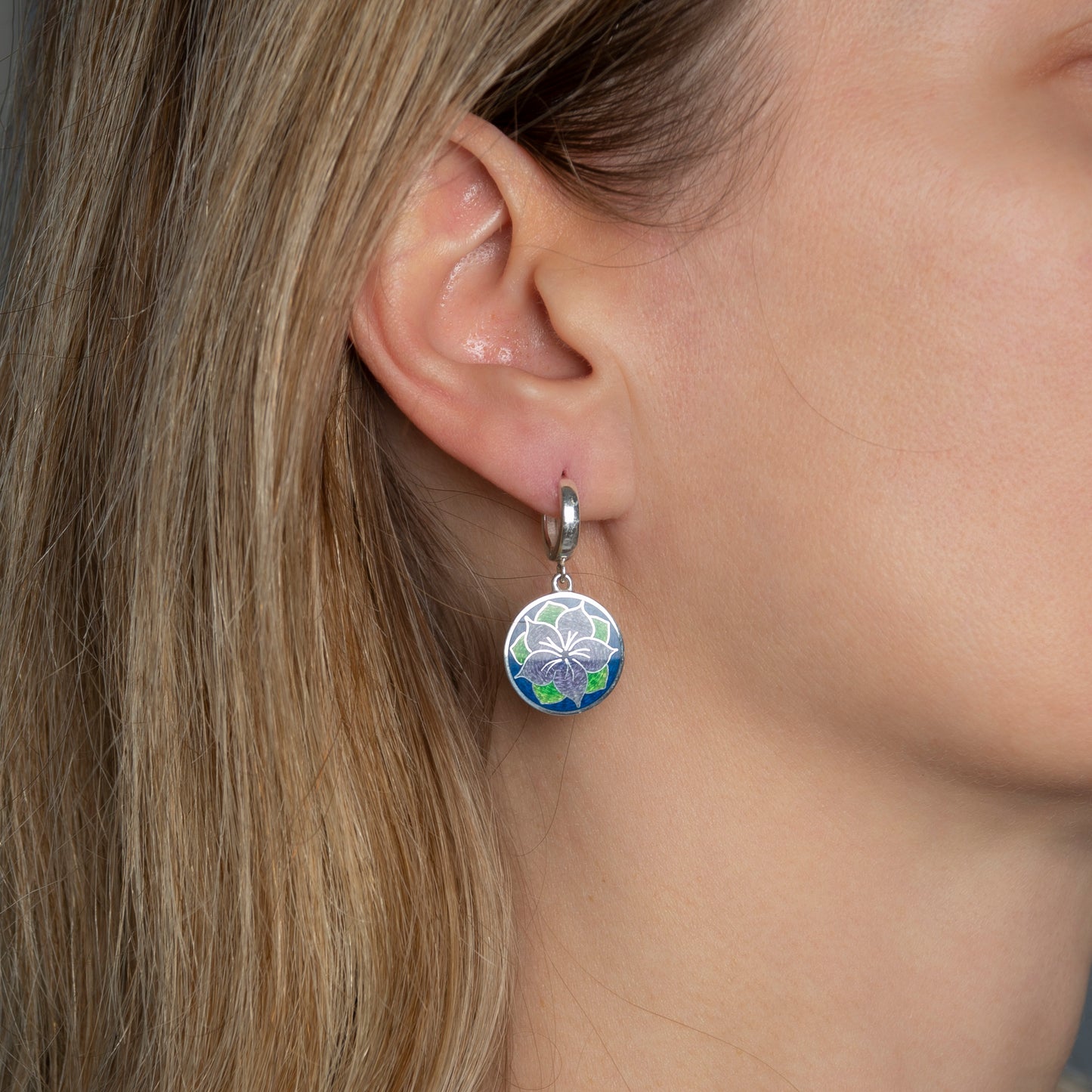 Cloisonne Enamel And Sterling Silver Earrings Astra Blue Flower