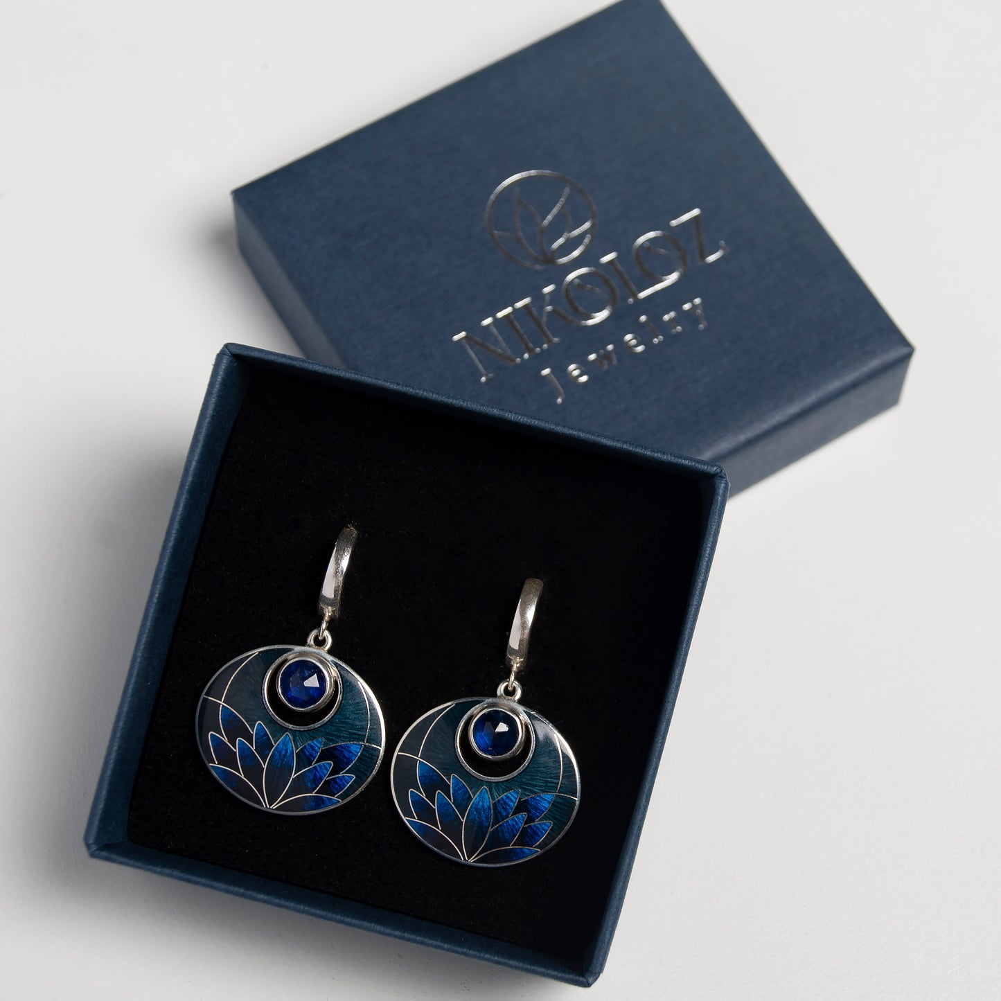 Night Lotus Cloisonné Enamel Earrings With Rose Cut Kyanite Gemstones