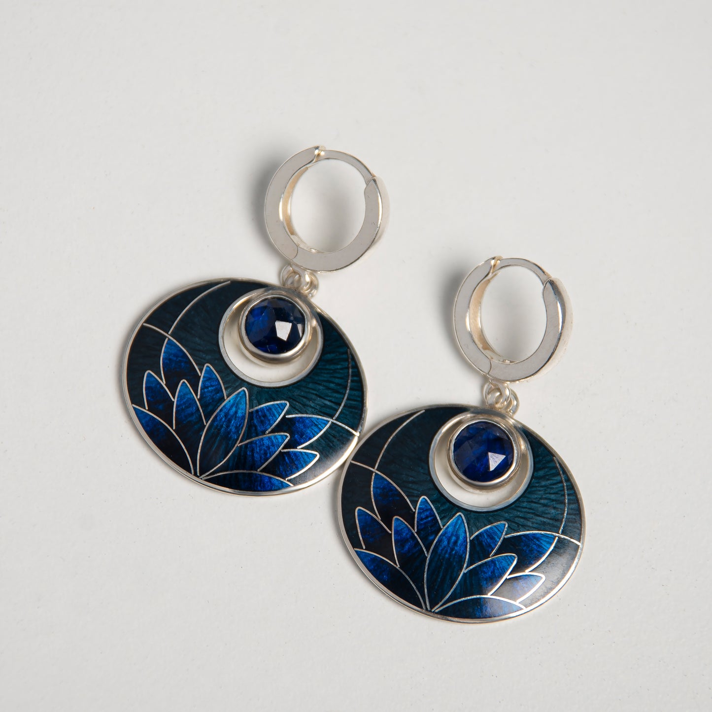 Night Lotus Cloisonné Enamel Earrings With Rose Cut Kyanite Gemstones