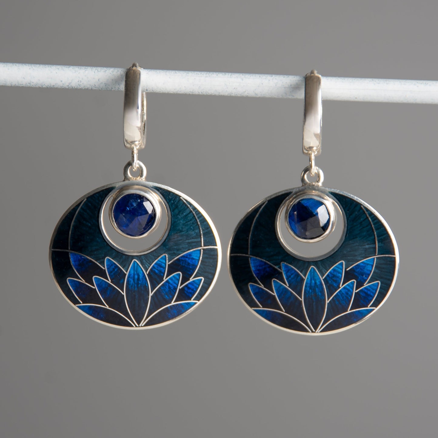 Night Lotus Cloisonné Enamel Earrings With Rose Cut Kyanite Gemstones