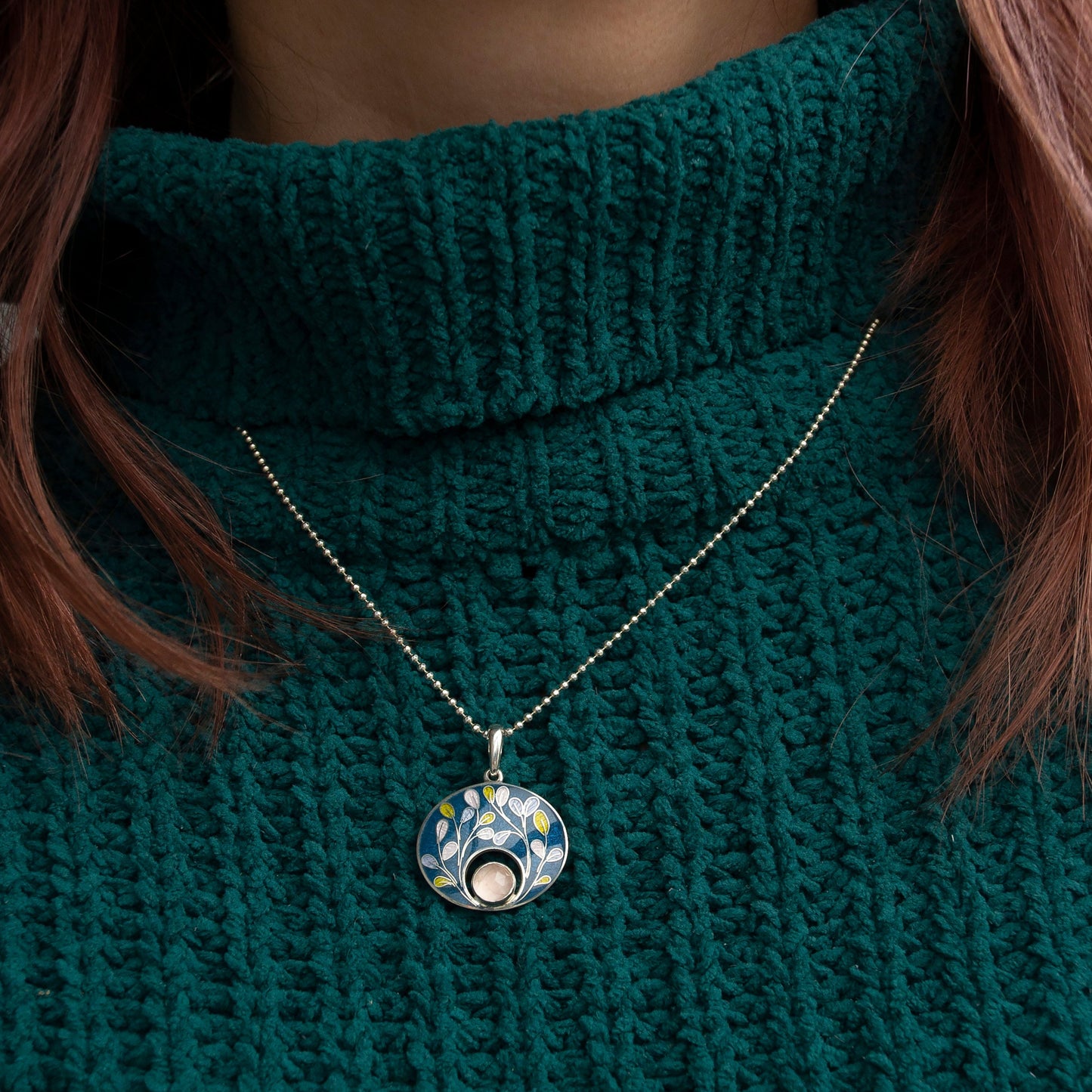 Planty Cloisonne Enamel Earrings And Necklace Set With Rose Quartz