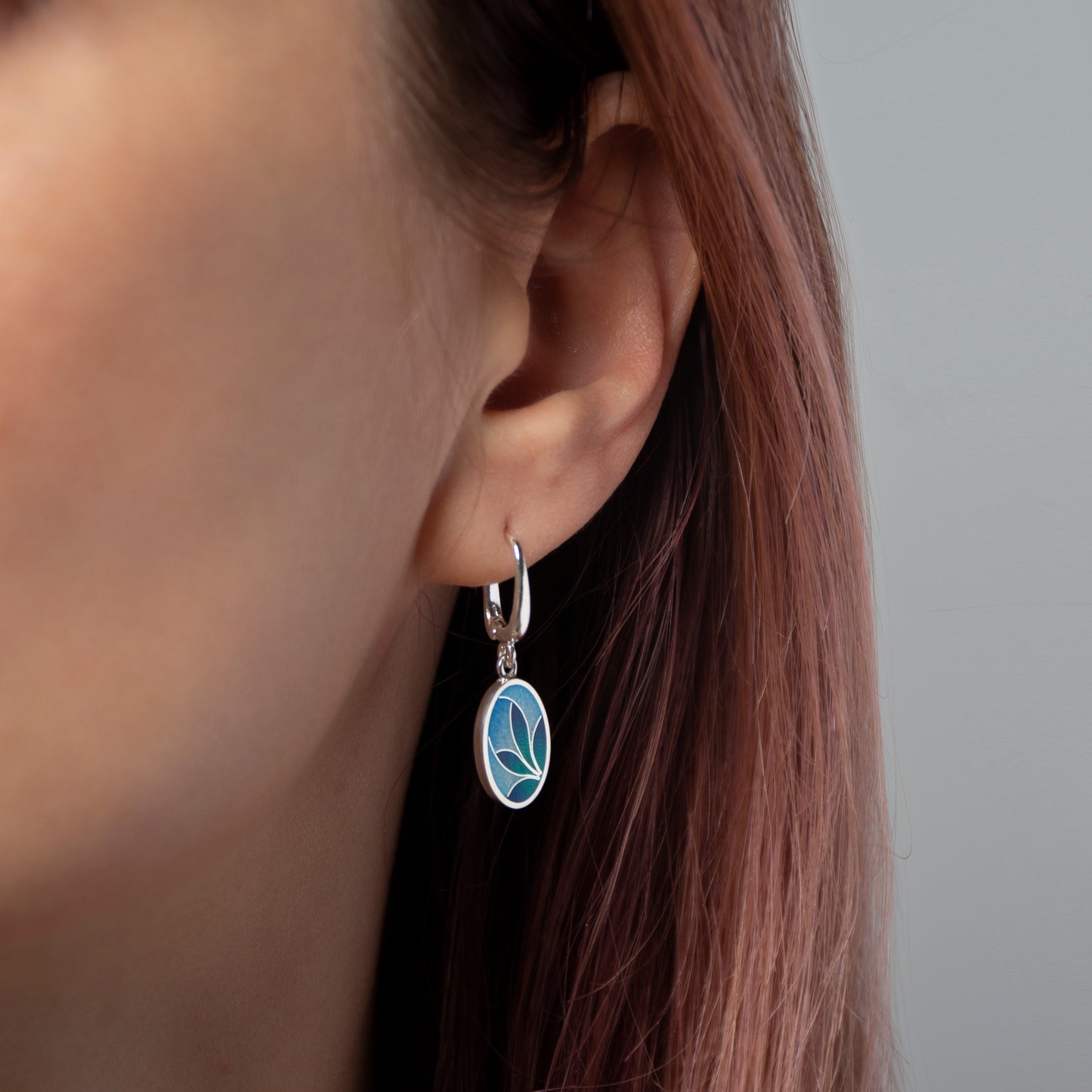 Cloisonne Enamel Earrings, Blue Ornamental Flower