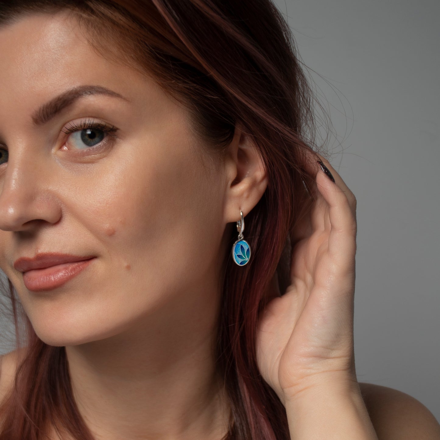 Cloisonne Enamel Earrings, Blue Ornamental Flower