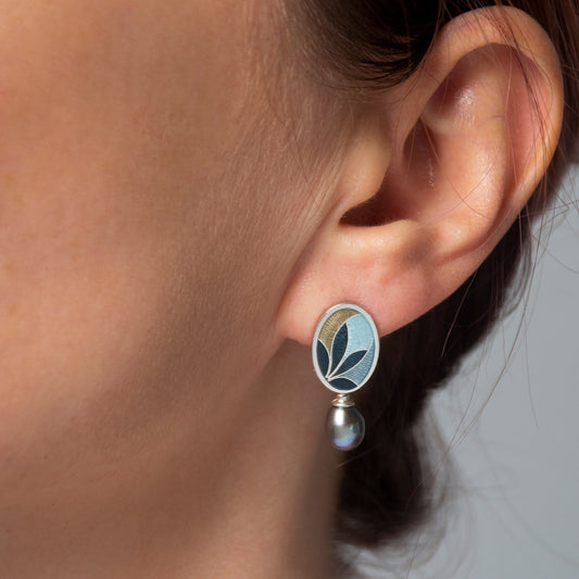 Cloisonne Enamel Earrings With Peacock Pearls, Sterling Silver Stud Earrings