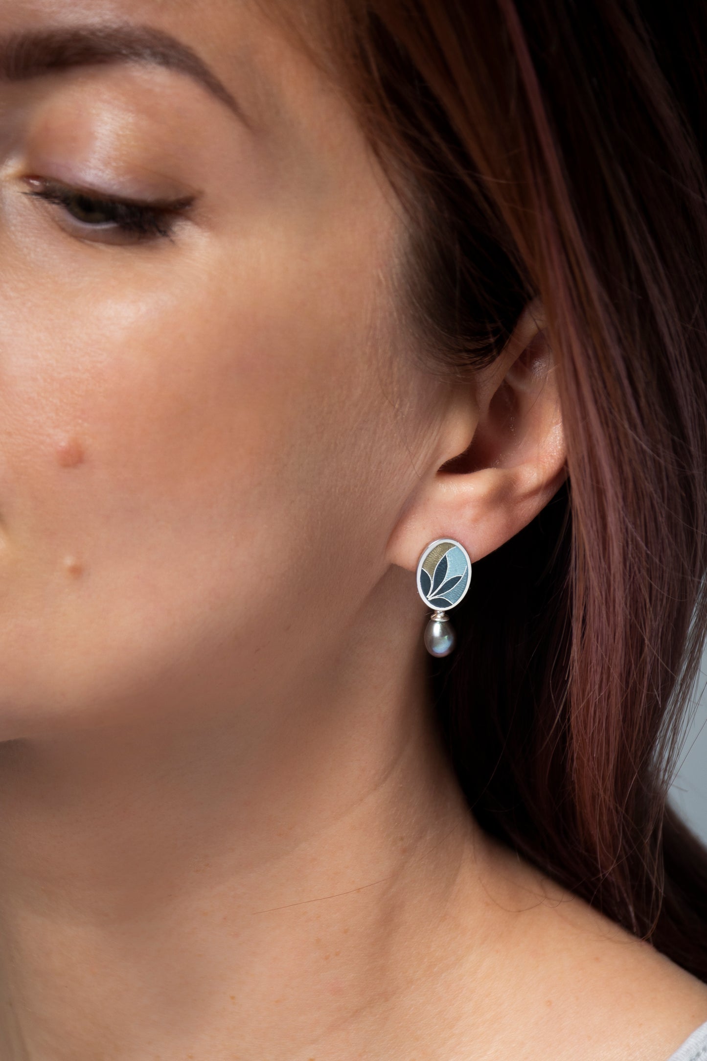 Cloisonne Enamel Earrings With Peacock Pearls, Sterling Silver Stud Earrings