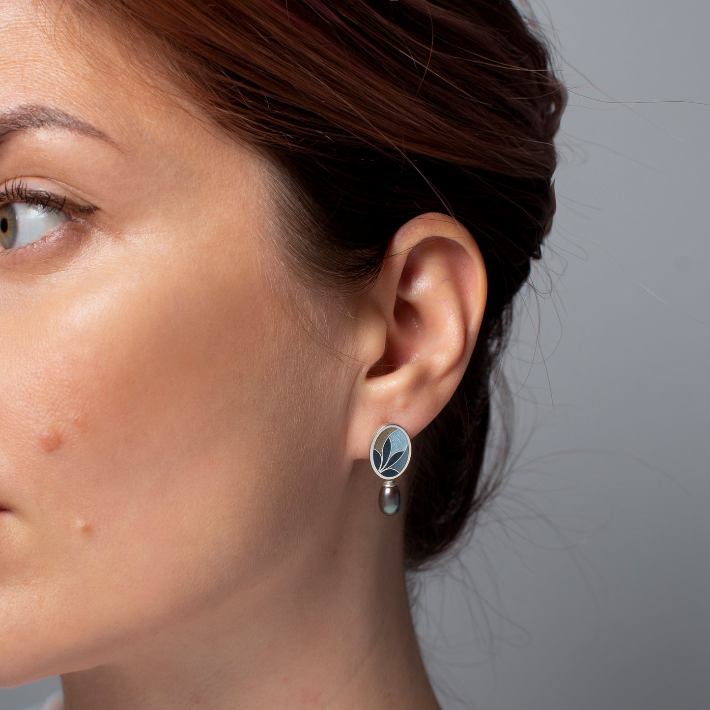 Cloisonne Enamel Earrings With Peacock Pearls, Sterling Silver Stud Earrings