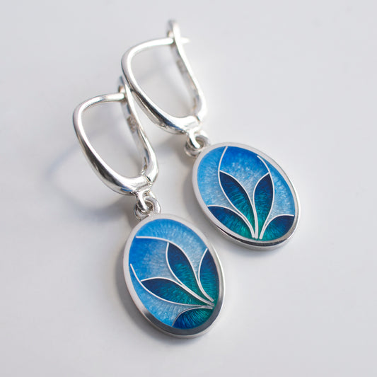 Cloisonne Enamel Earrings, Blue Ornamental Flower