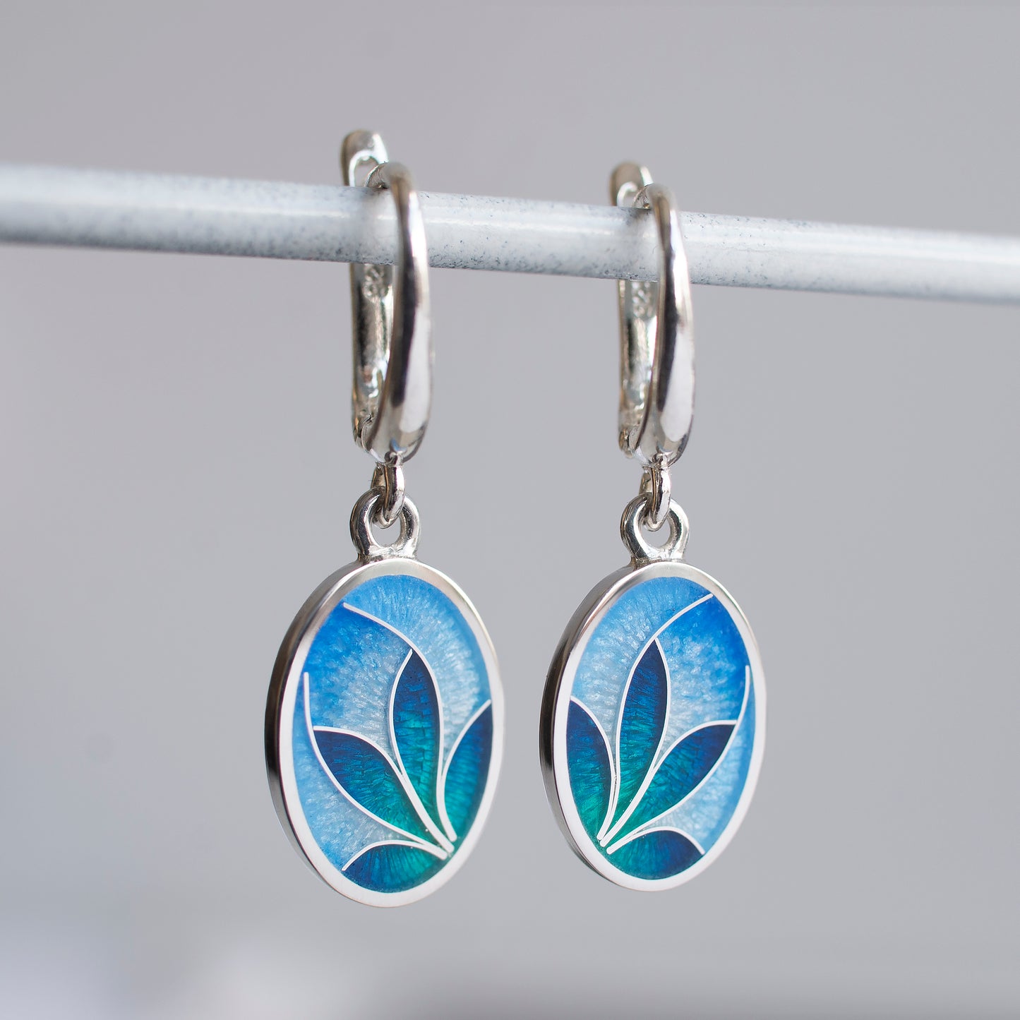 Cloisonne Enamel Earrings, Blue Ornamental Flower