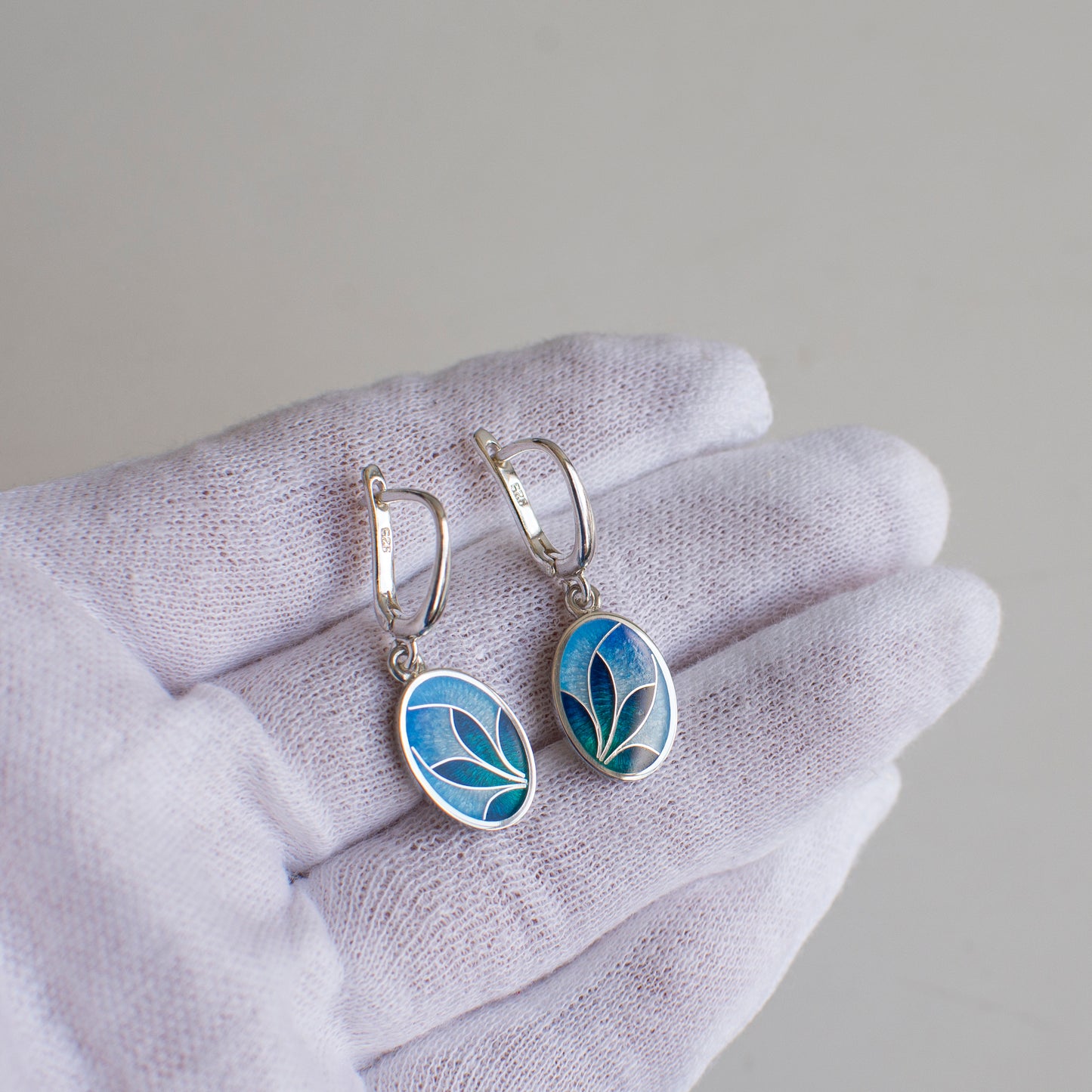 Cloisonne Enamel Earrings, Blue Ornamental Flower