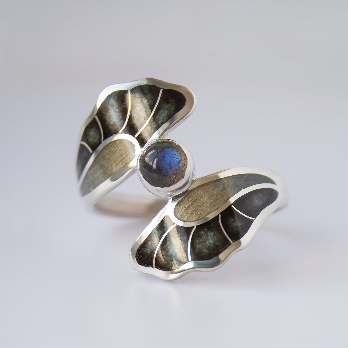 Cloisonne Enamel Silver Ring With Labradorite Stone