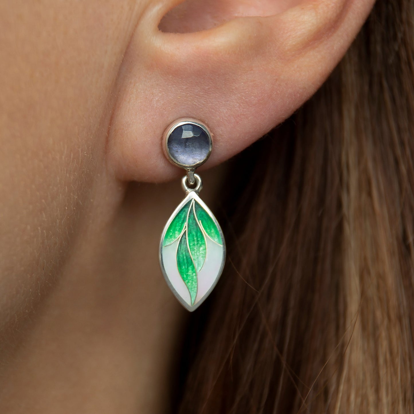 Cloisonne Enamel Earrings With Iolite Stone