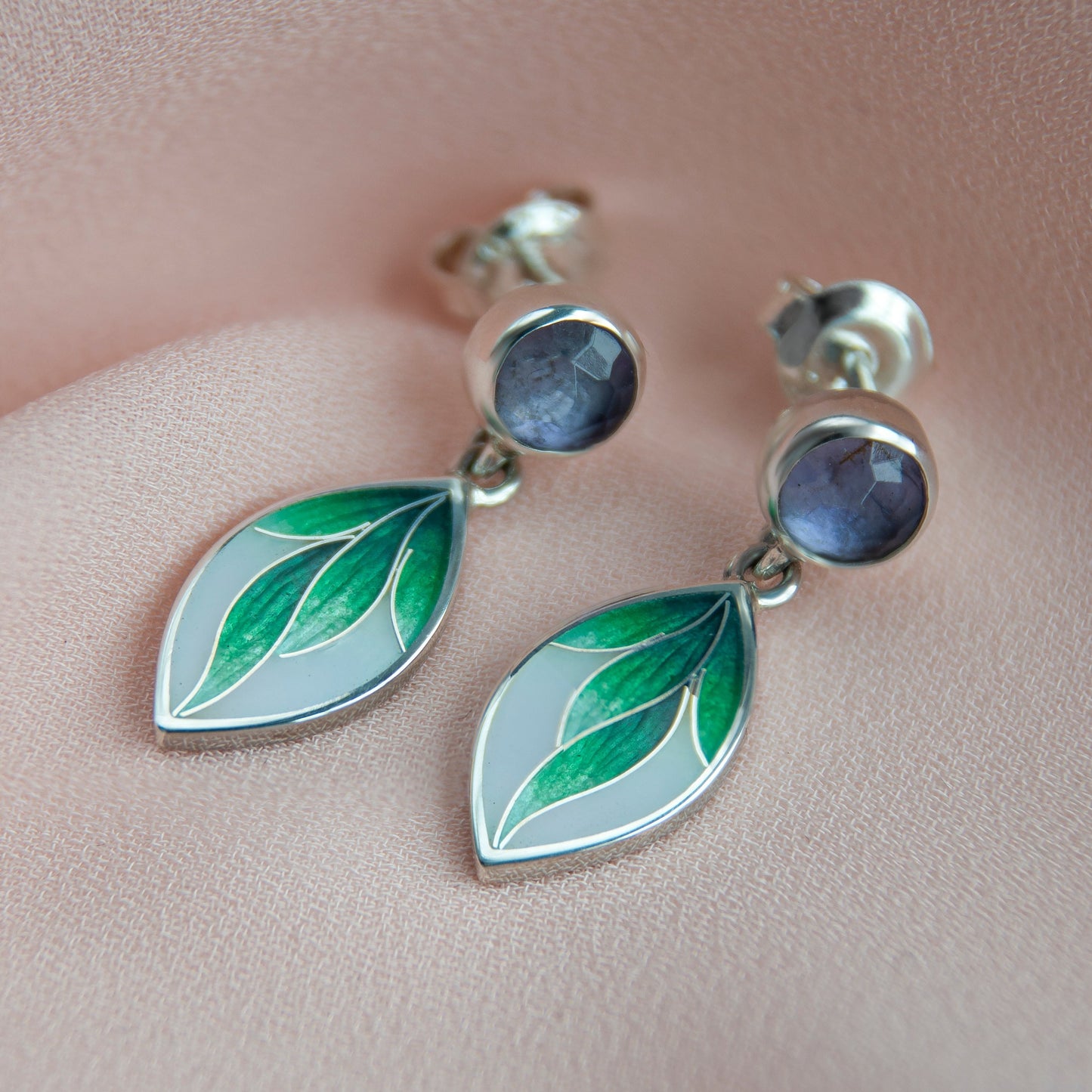 Cloisonne Enamel Earrings With Iolite Stone