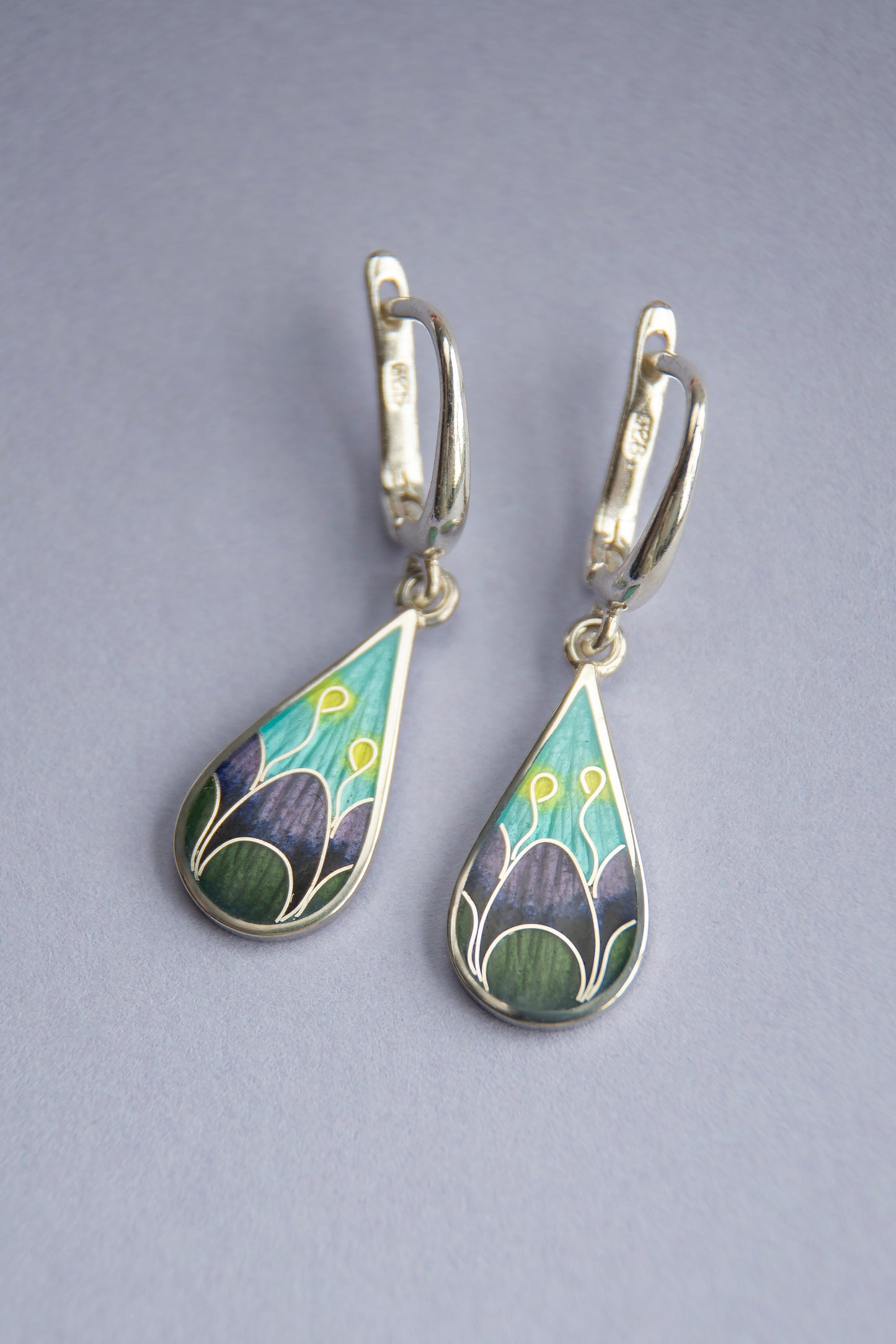 Multicolour Cloisonne Enamel Earrings, Sterling Silver Earrings