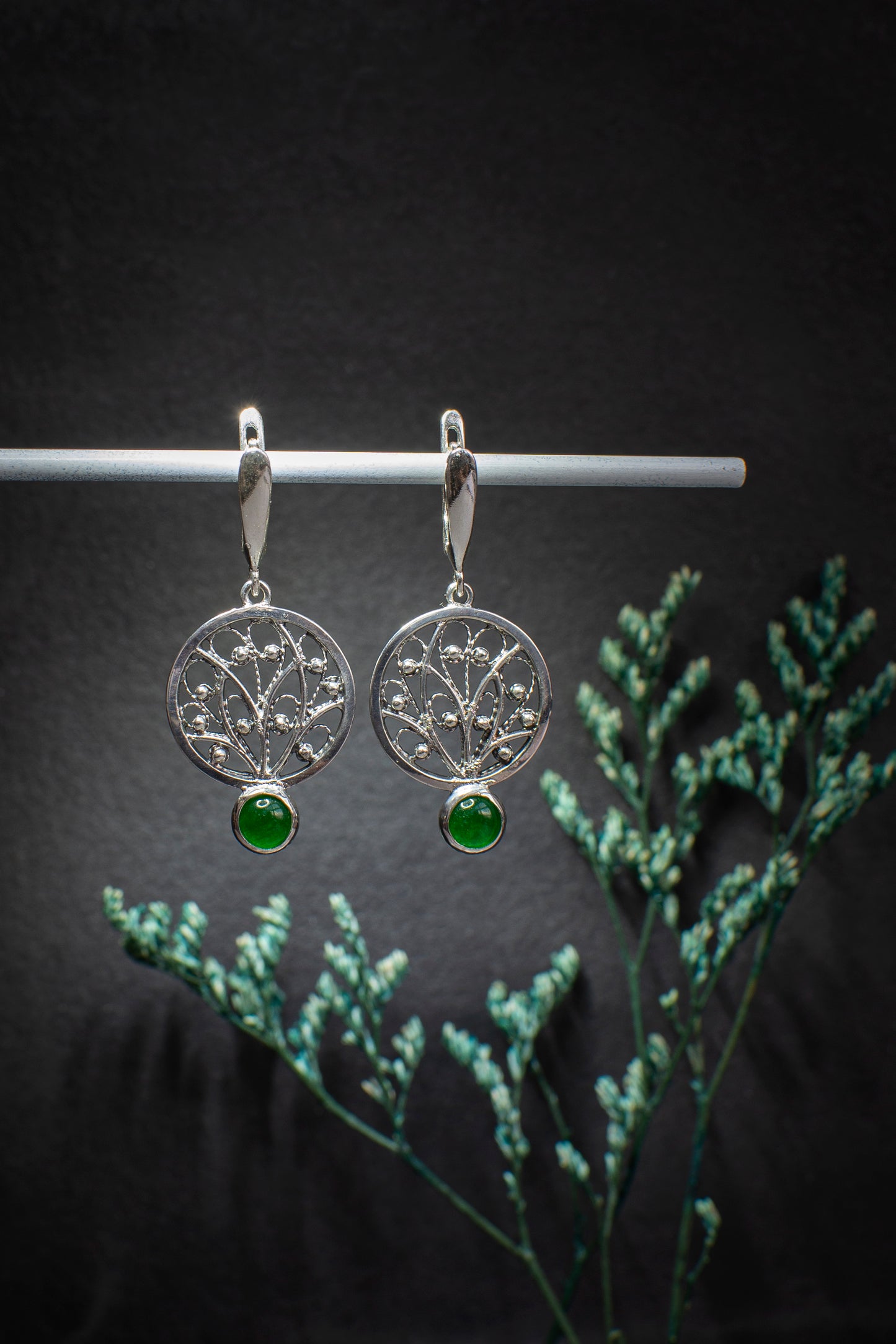 Ornamental Filigree Earrings With Jadeite Stones