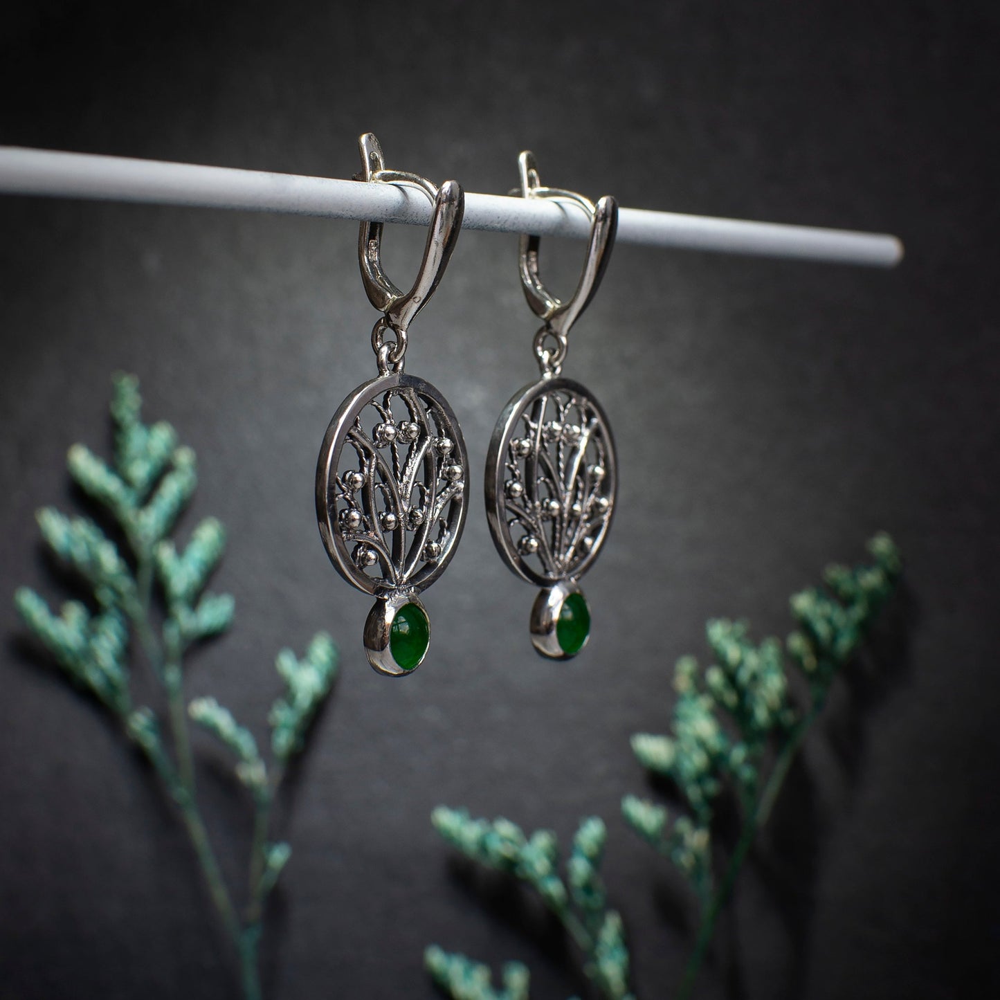 Ornamental Filigree Earrings With Jadeite Stones