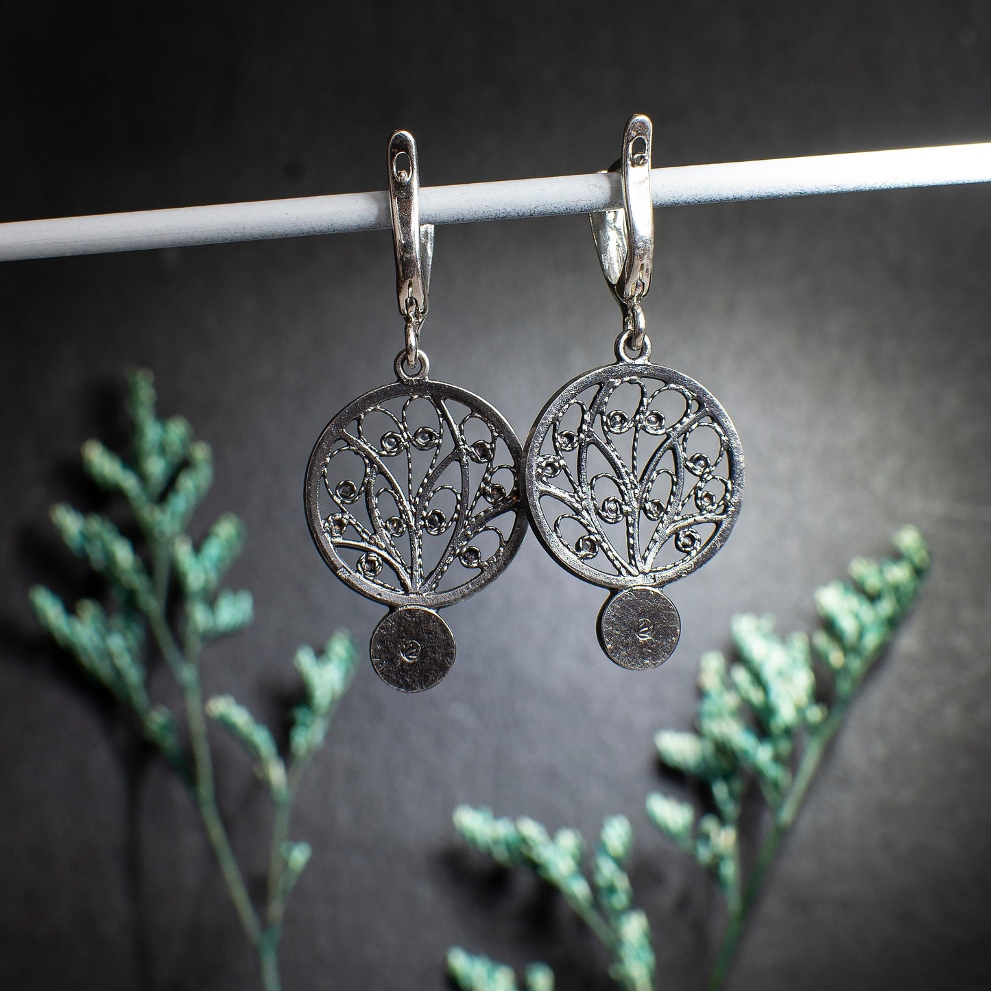 Ornamental Filigree Earrings With Jadeite Stones