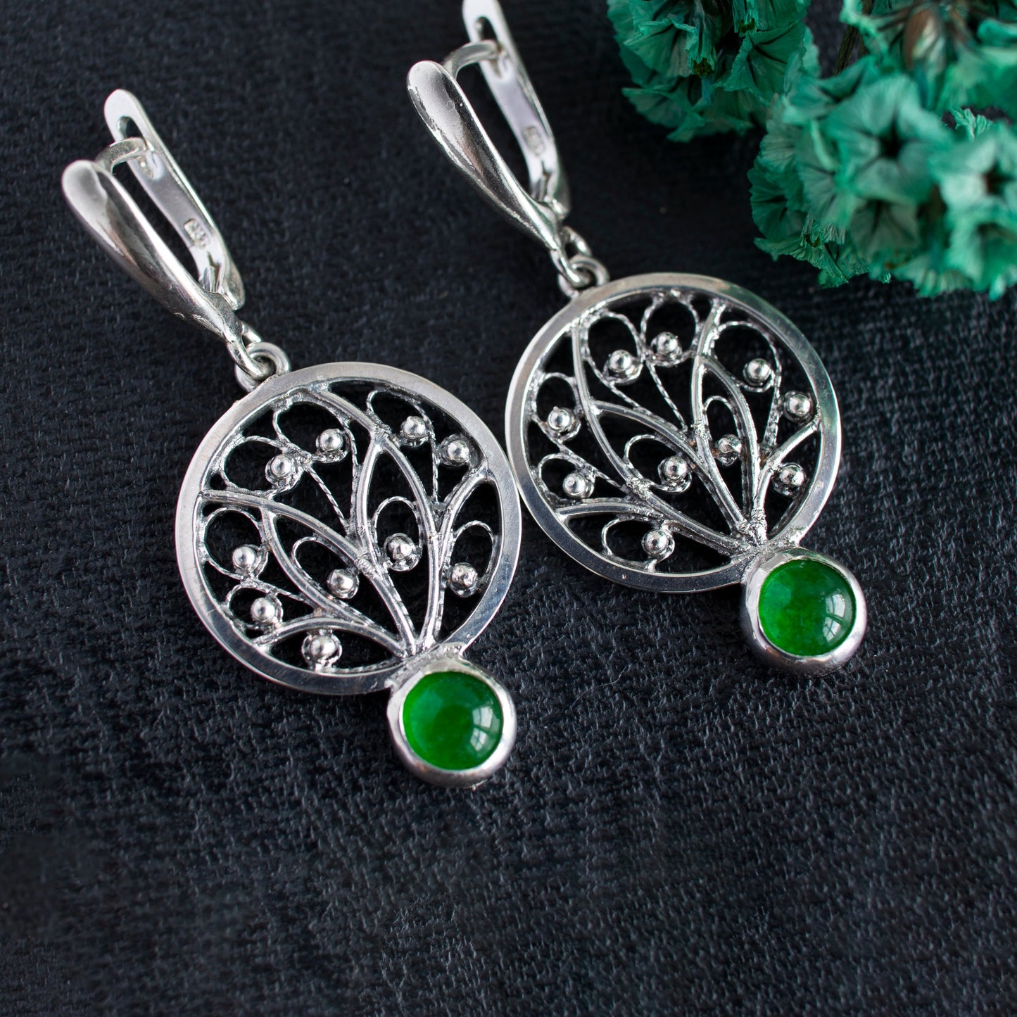 Ornamental Filigree Earrings With Jadeite Stones