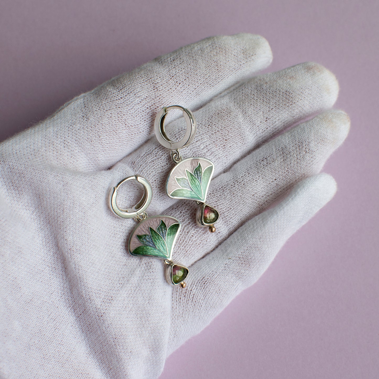 Enamel Earrings With Watermelon Tourmaline Stones