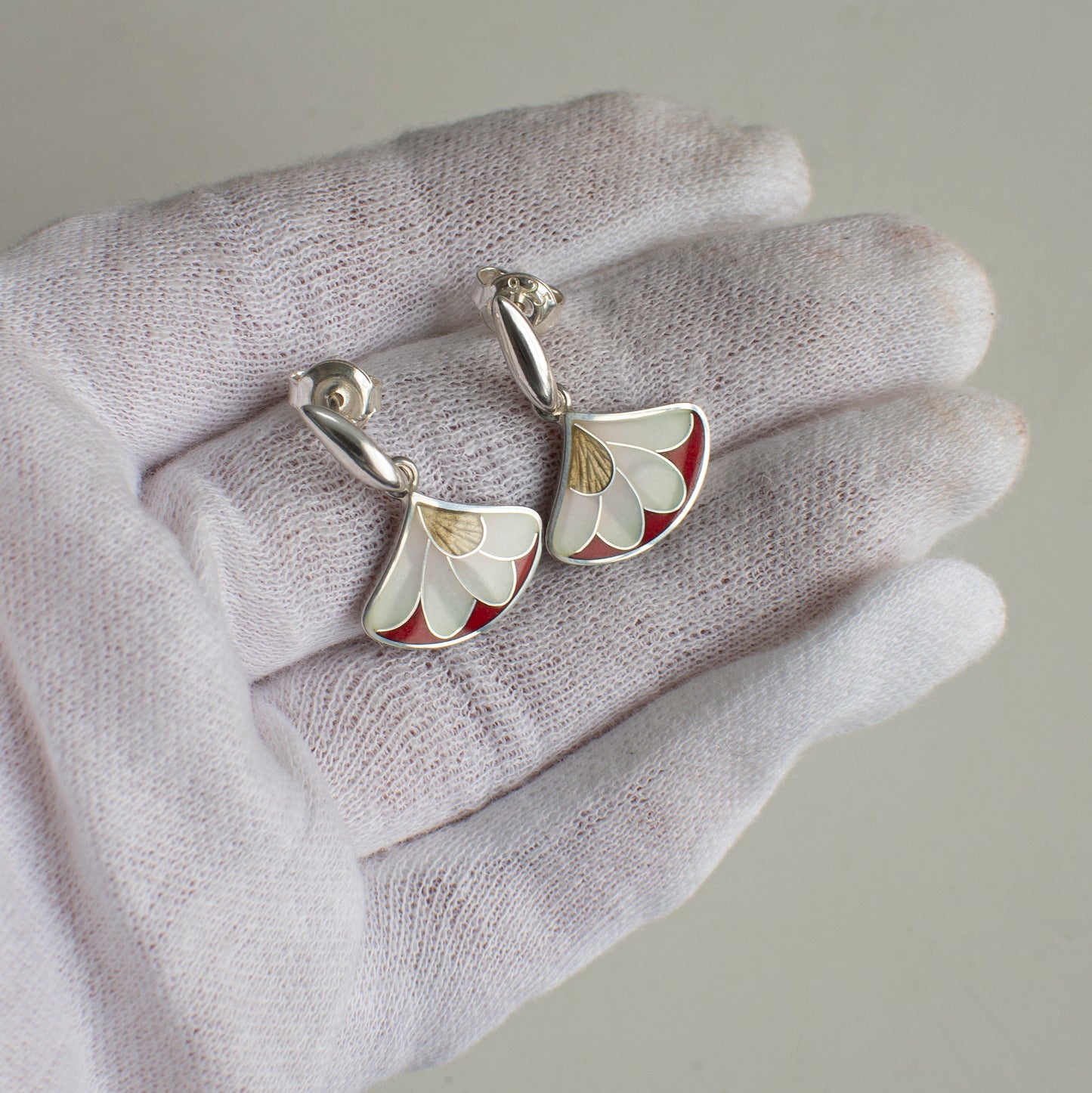 Cloisonne Enamel Earrings White/Red Drops