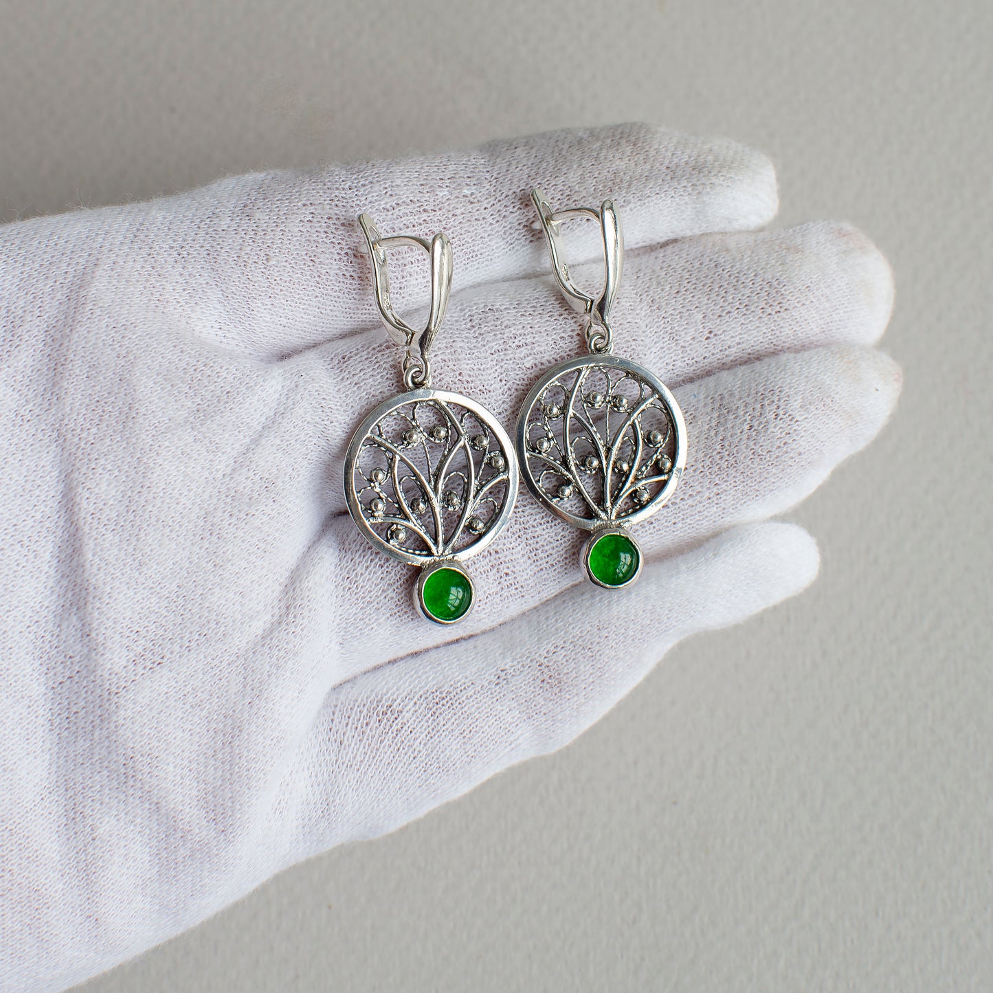 Ornamental Filigree Earrings With Jadeite Stones