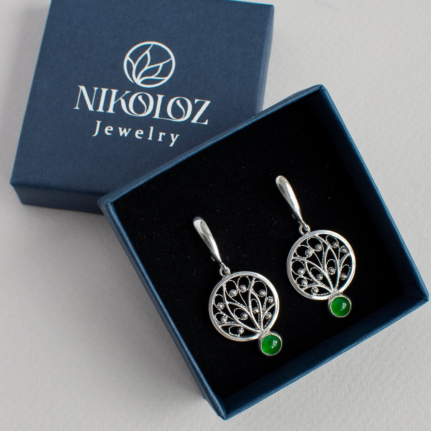 Ornamental Filigree Earrings With Jadeite Stones