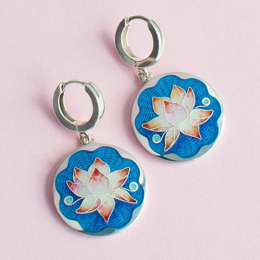 Cloisonne Enamel Blue/Pink Waterlily Earrings