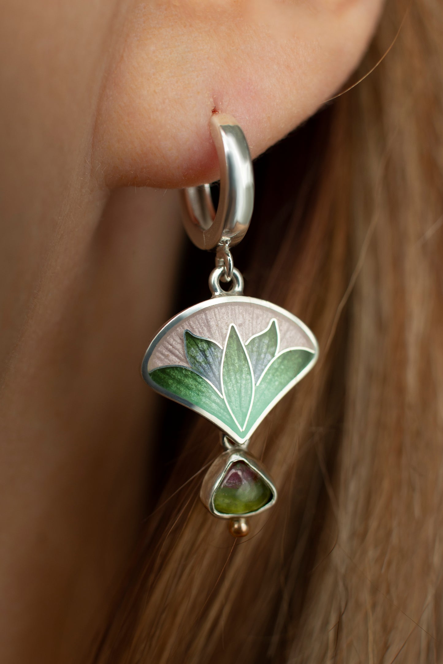 Enamel Earrings With Watermelon Tourmaline Stones