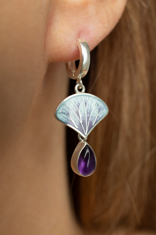 Blue/Purple Enamel Earrings With Amethyst Drops