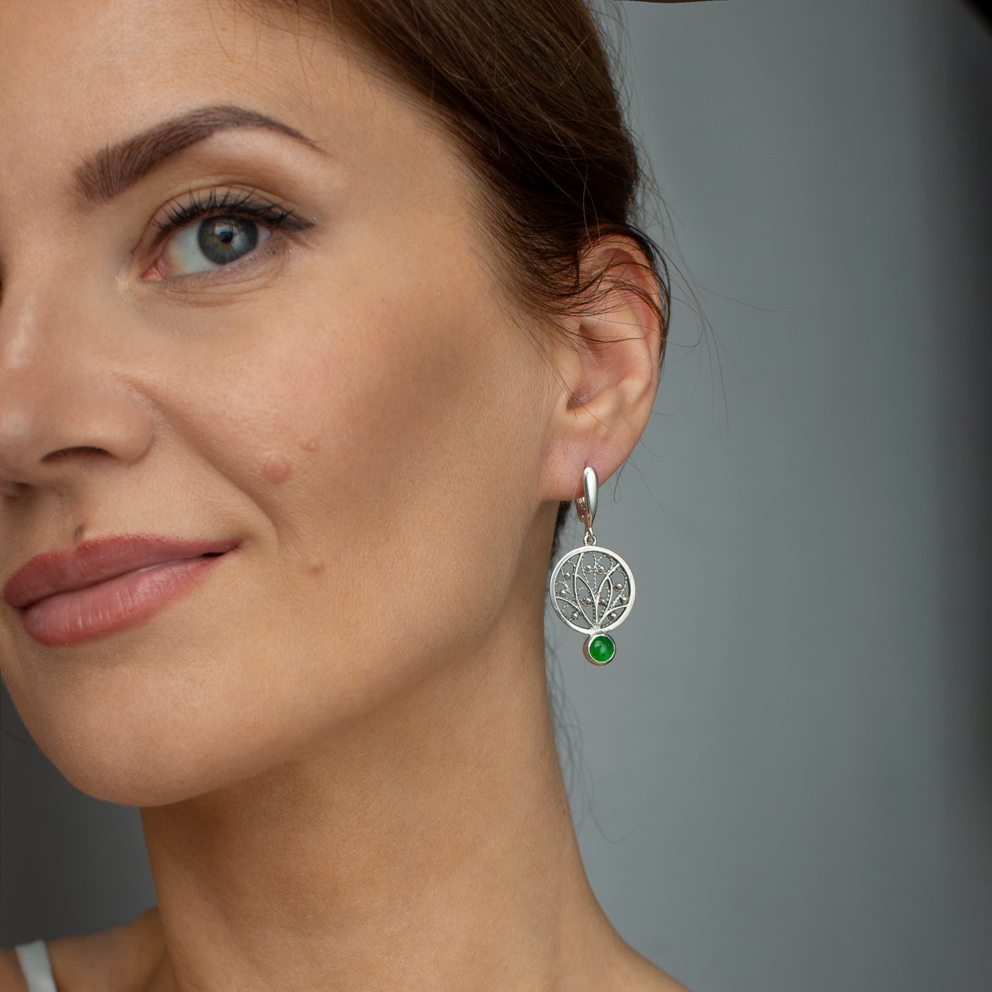 Ornamental Filigree Earrings With Jadeite Stones