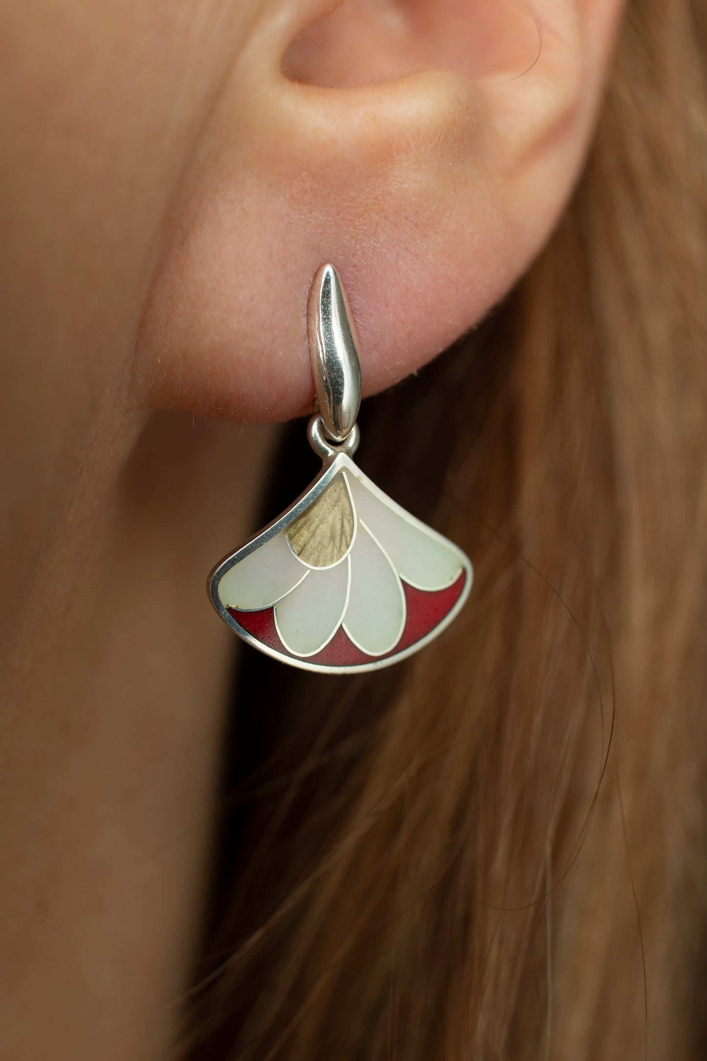 Cloisonne Enamel Earrings White/Red Drops