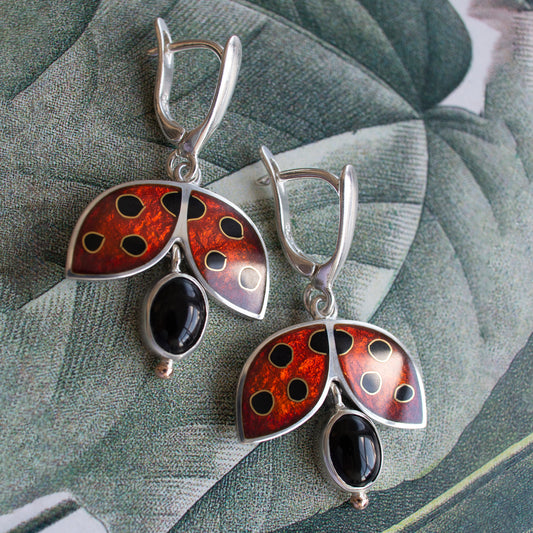 Ladybug Enamel Earrings With Black Onyx And Gold