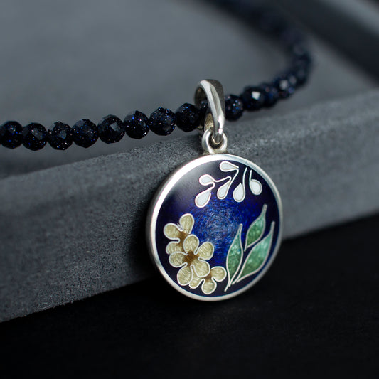 Blue Goldstone Necklace, Cairo Night Necklace with Silver Pendant