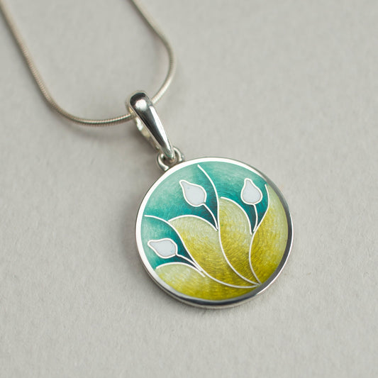 Cloisonne Enamel Pendant, Three Lily Pendant, Round Sterling Silver Necklace