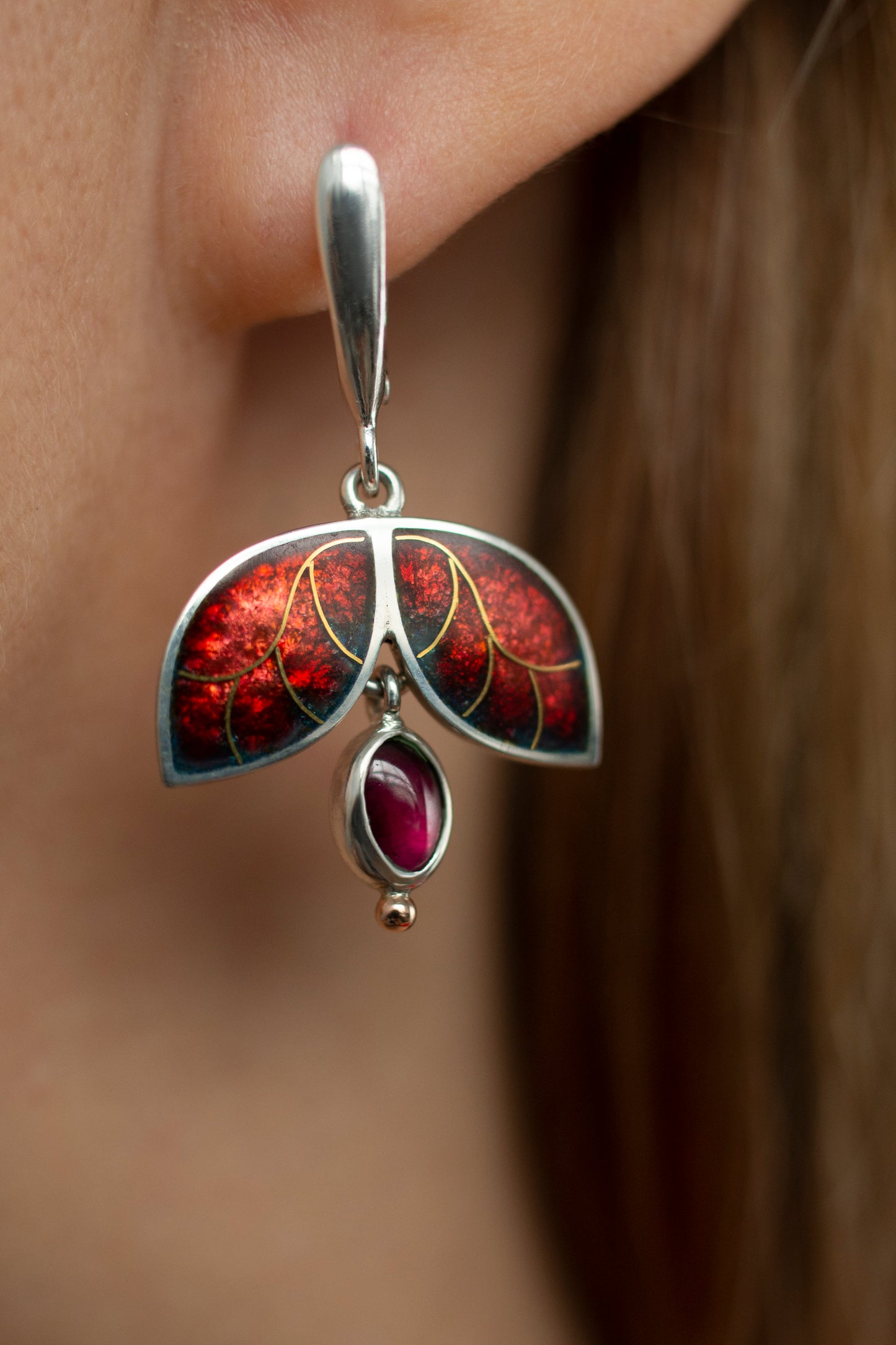 Red Enamelled Butterfly Golden Earrings With Garnet Stone