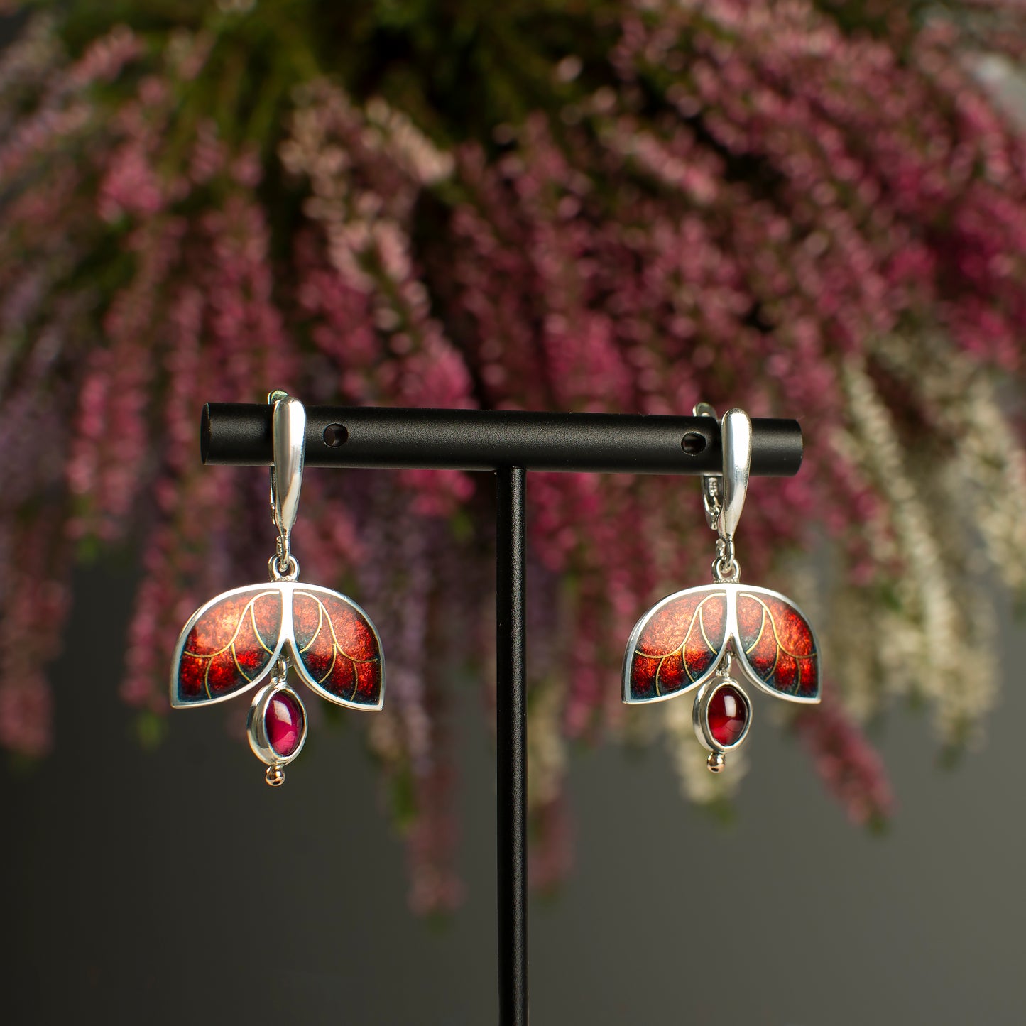 Red Enamelled Butterfly Golden Earrings With Garnet Stone